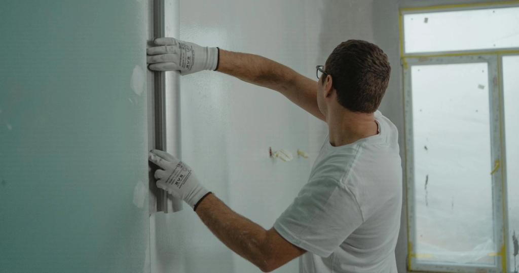 A man in a white shirt and gloves using a metal ruler for indoor wall renovation work.