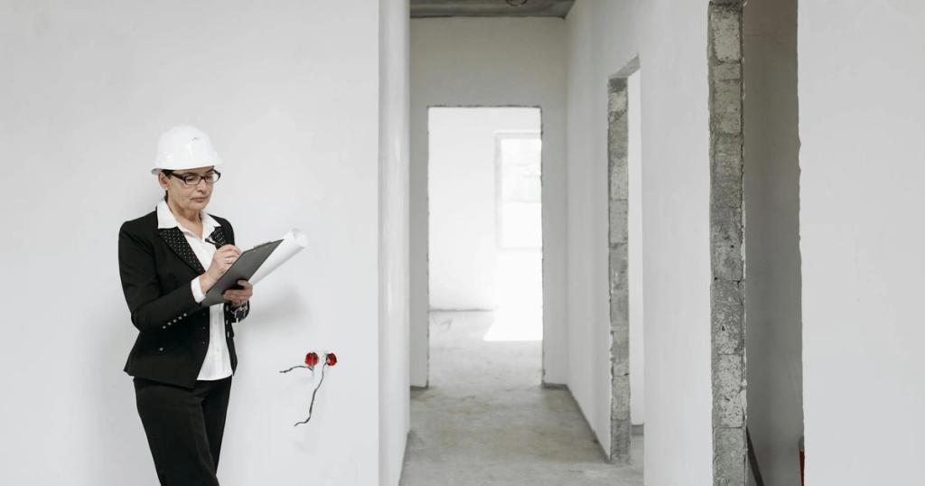 Woman architect in helmet and suit inspecting unfinished interior. White walls signify new construction.