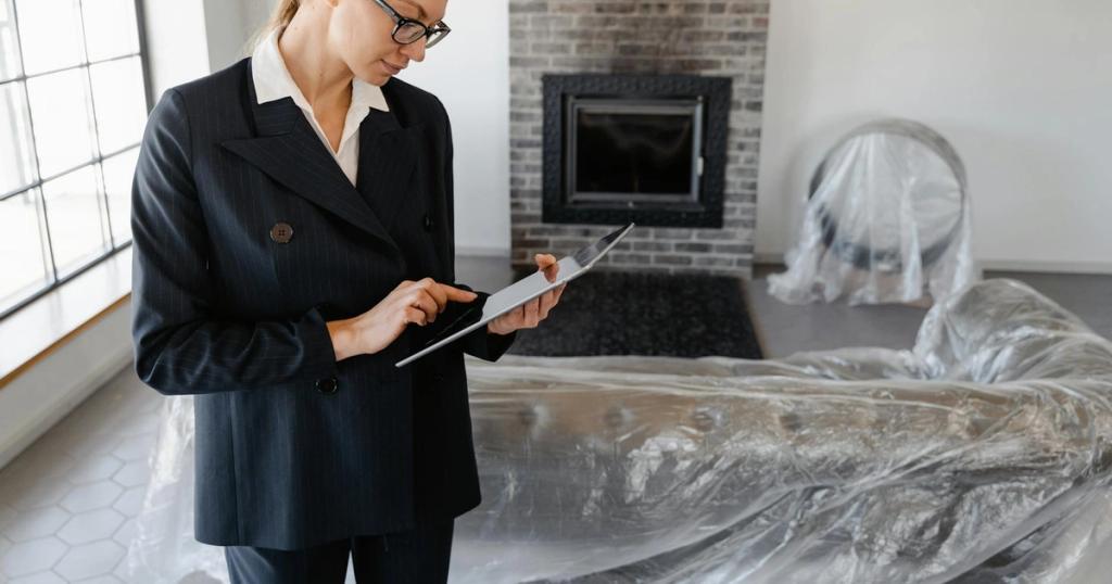 A real estate agent in a suit uses a digital tablet to review documents in a modern living room.