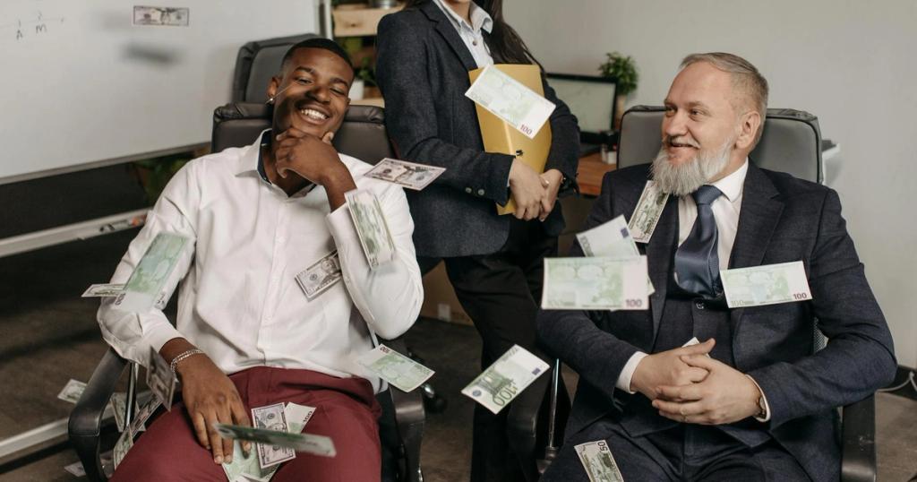 Office scene of diverse business professionals with money scattered, creating a playful environment.