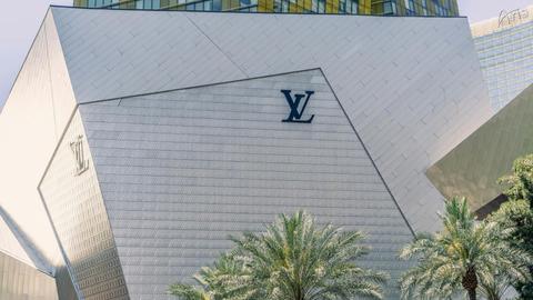 A striking view of the Louis Vuitton store on the Las Vegas Strip showcasing modern architecture.
