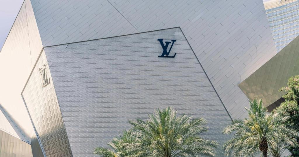 A striking view of the Louis Vuitton store on the Las Vegas Strip showcasing modern architecture.