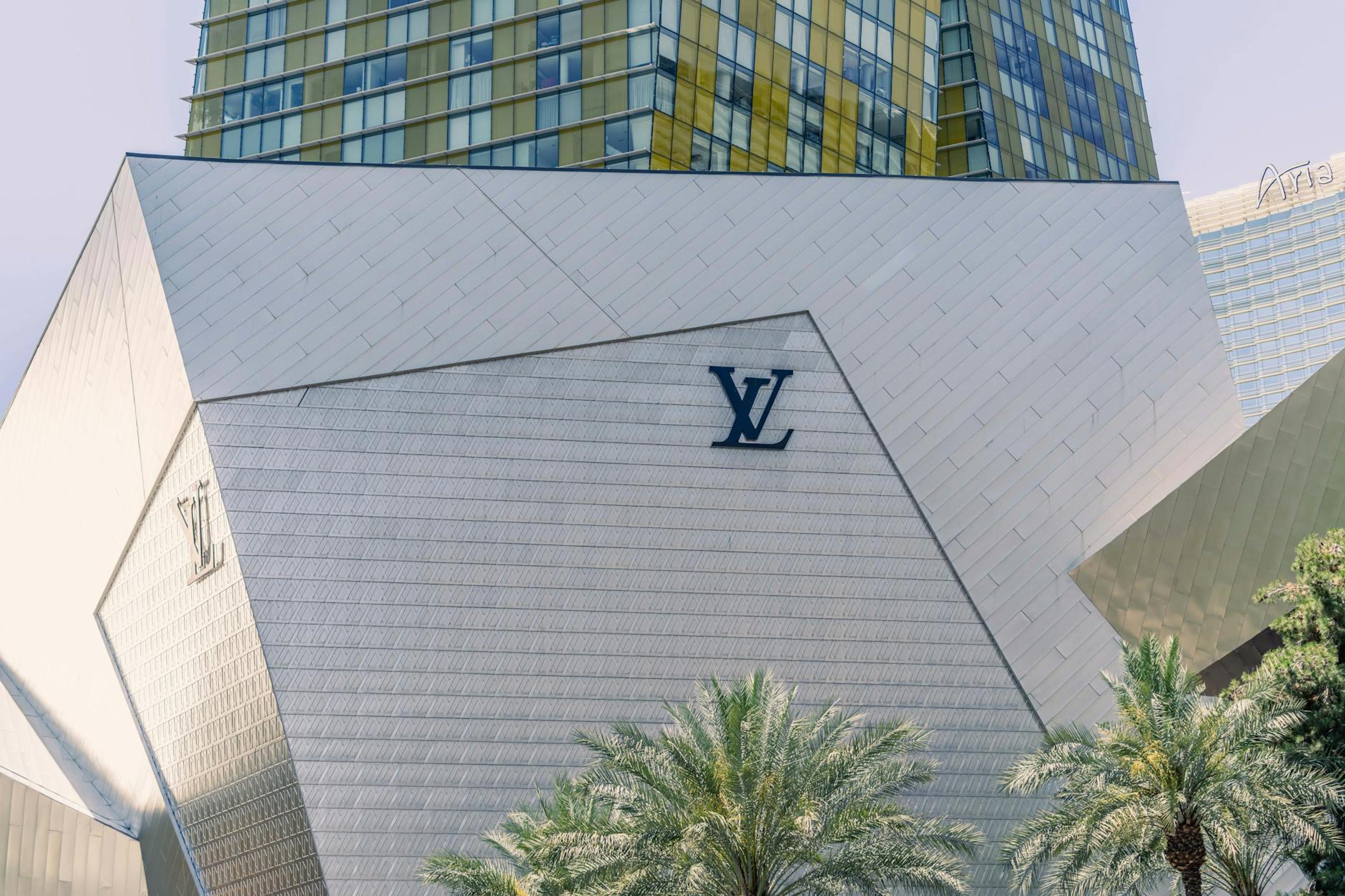 A striking view of the Louis Vuitton store on the Las Vegas Strip showcasing modern architecture.