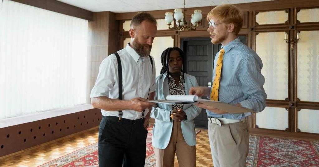 A diverse group of professionals engaged in a discussion over documents in a modern office setting.