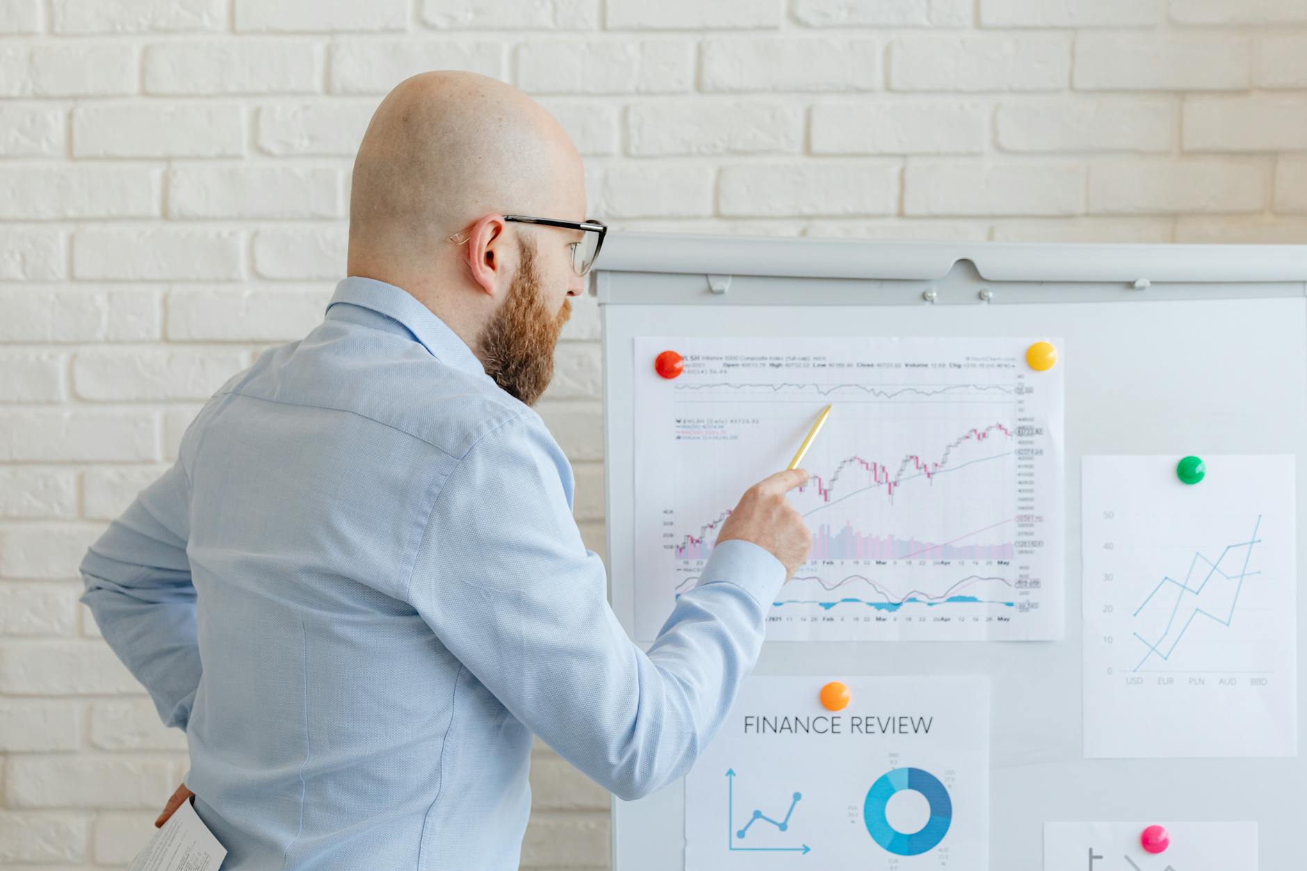 Bald businessman in office analyzes graphs on whiteboard, indicating finance trends.
