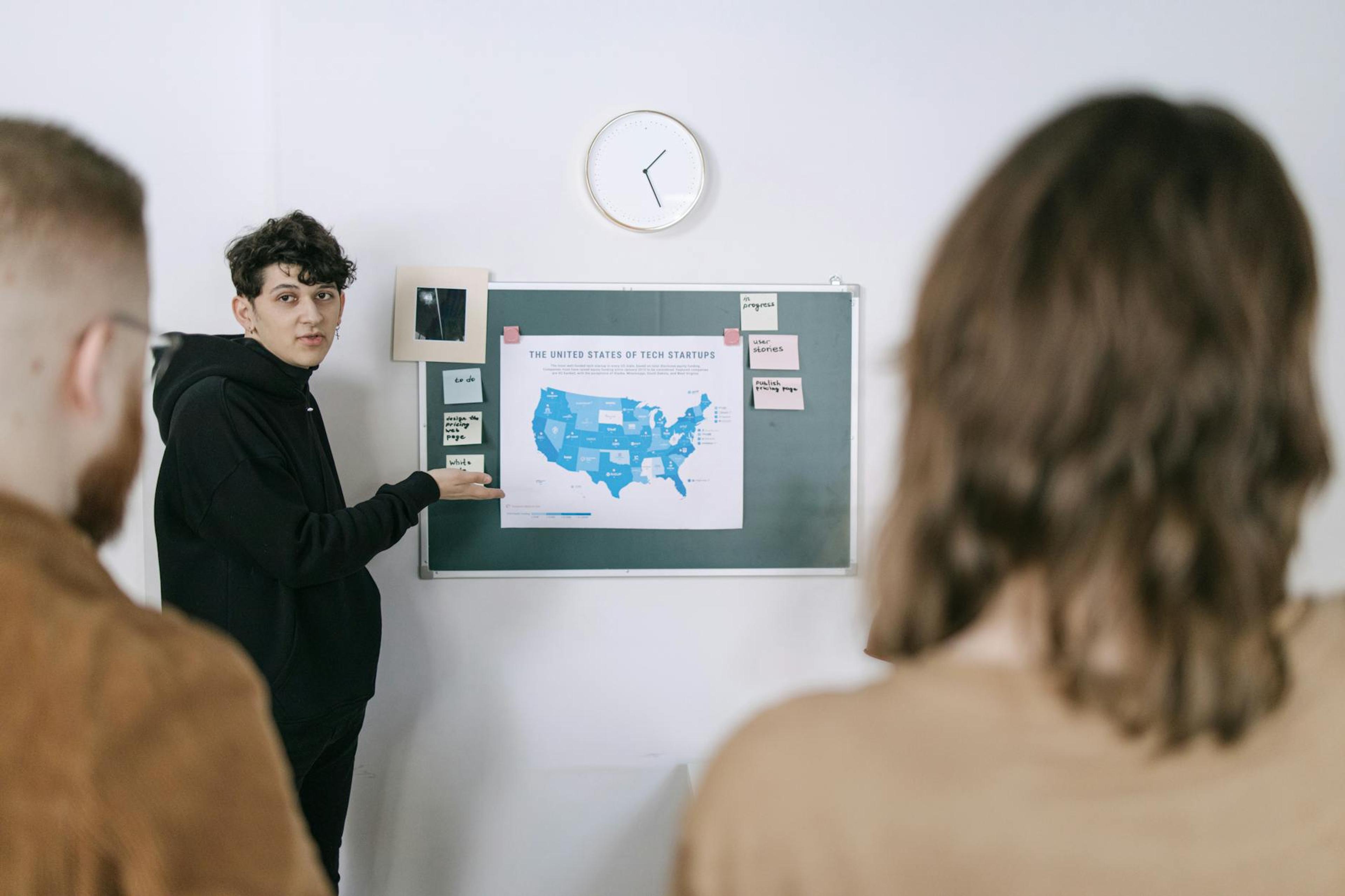 Business team discussing tech startup strategy in office meeting.