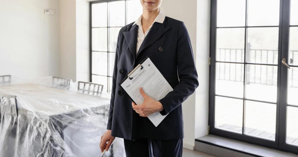 Confident real estate agent standing indoors holding property documents.