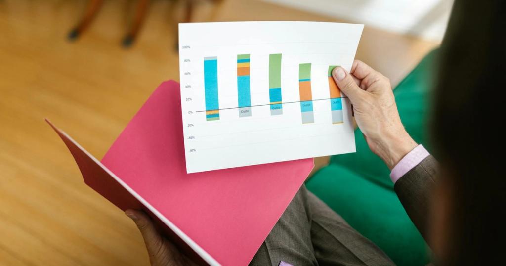 Close-up of a person analyzing a printed business report featuring a colorful bar graph.