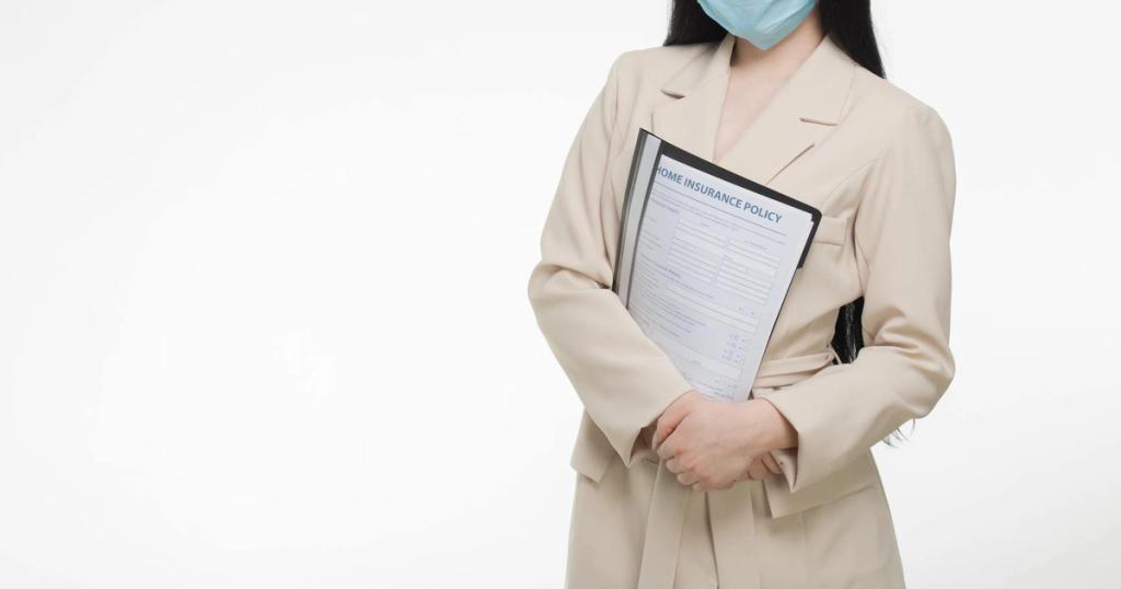 Professional woman wearing face mask holding insurance document, demonstrating safety and business.