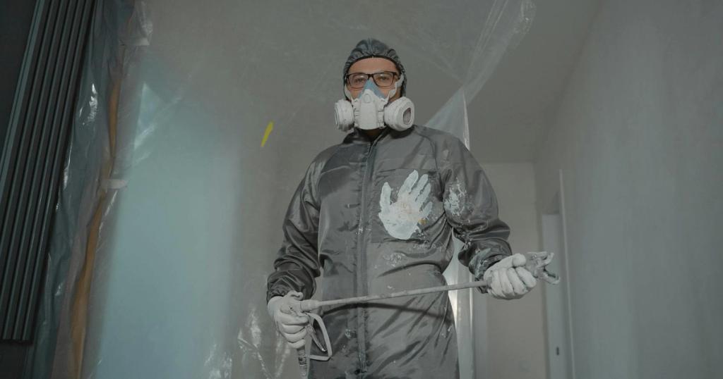 Painter in protective suit with mask and goggles preparing for indoor home renovation.