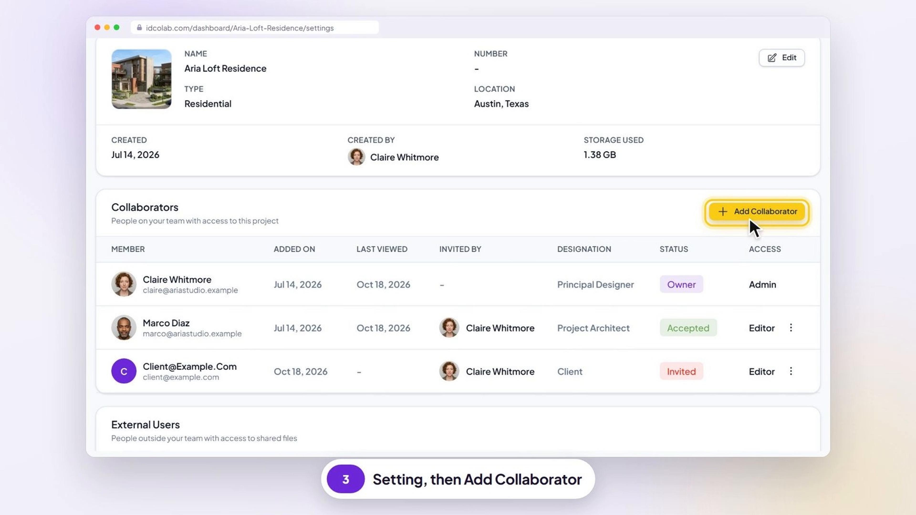 Project Settings with the Collaborators list and the Add Collaborator button highlighted; the client is listed as Invited