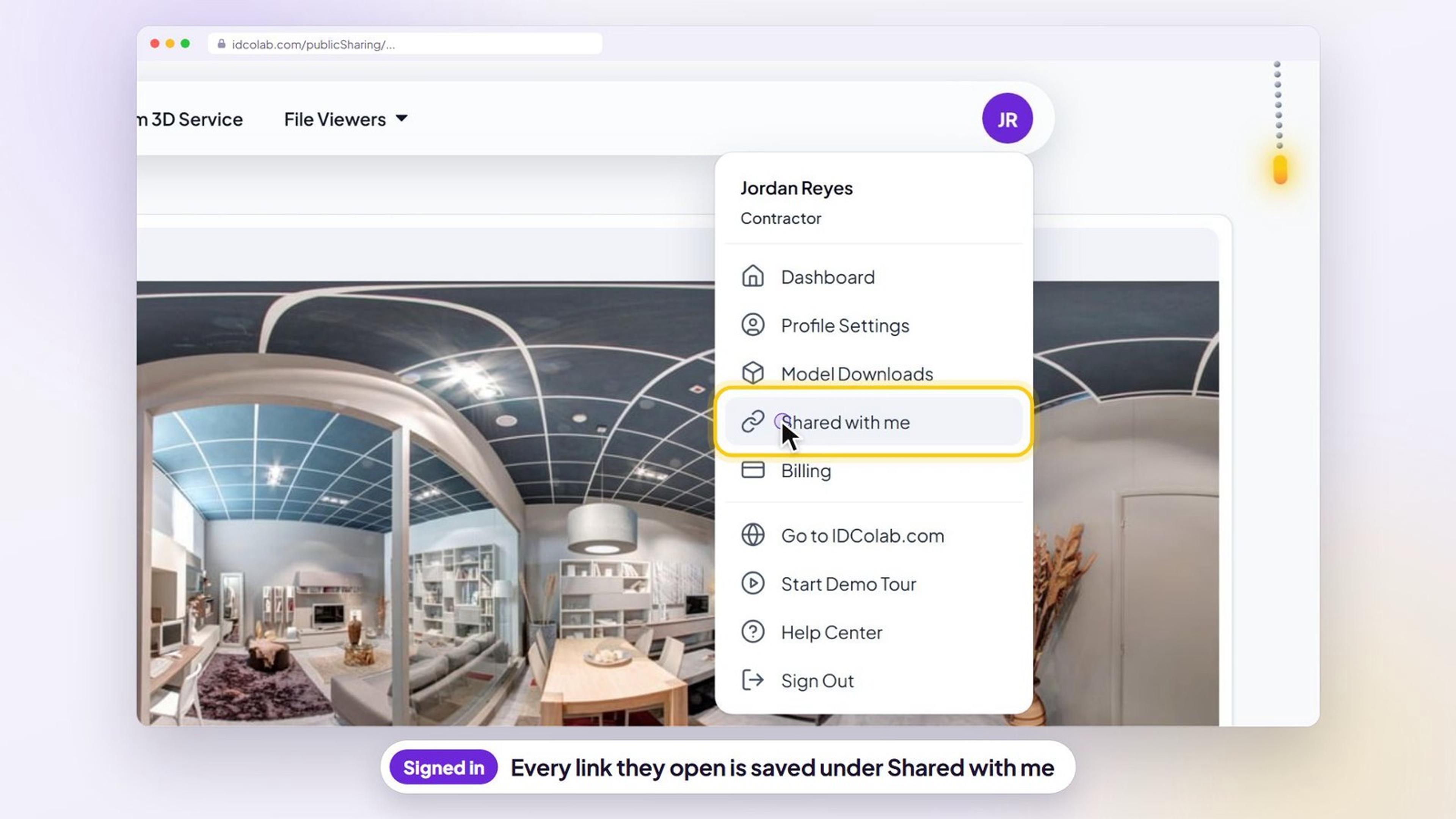 The IDColab user menu open with Shared with me highlighted