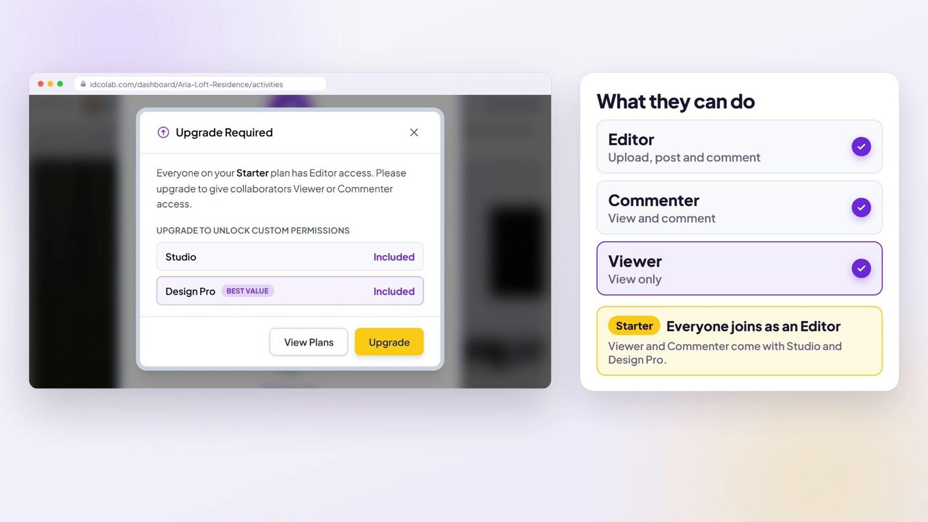 Access levels Editor, Commenter and Viewer, next to the Upgrade Required message: everyone on the Starter plan has Editor access