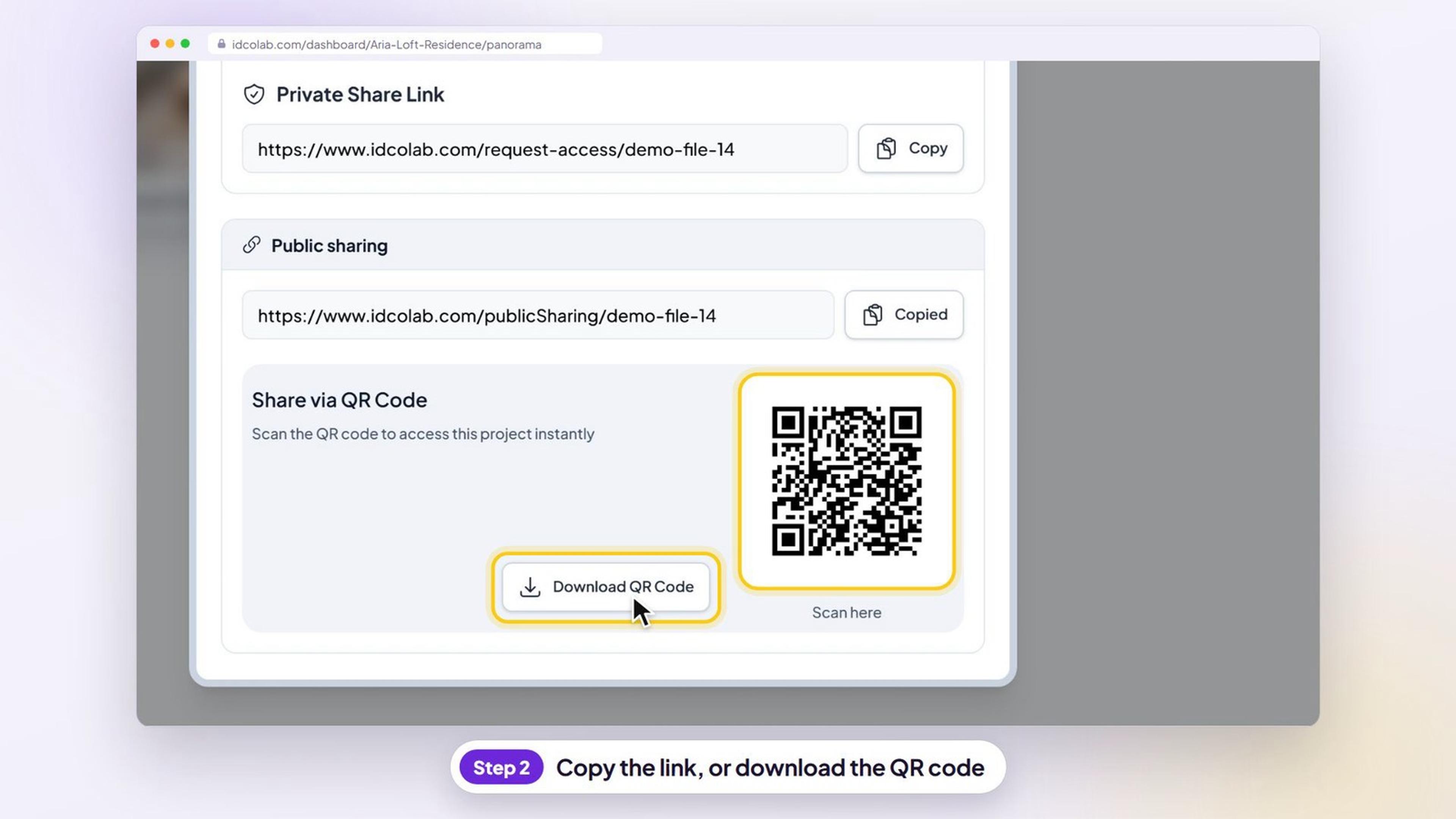 The Share window with the public link copied and the QR code and Download QR Code button highlighted