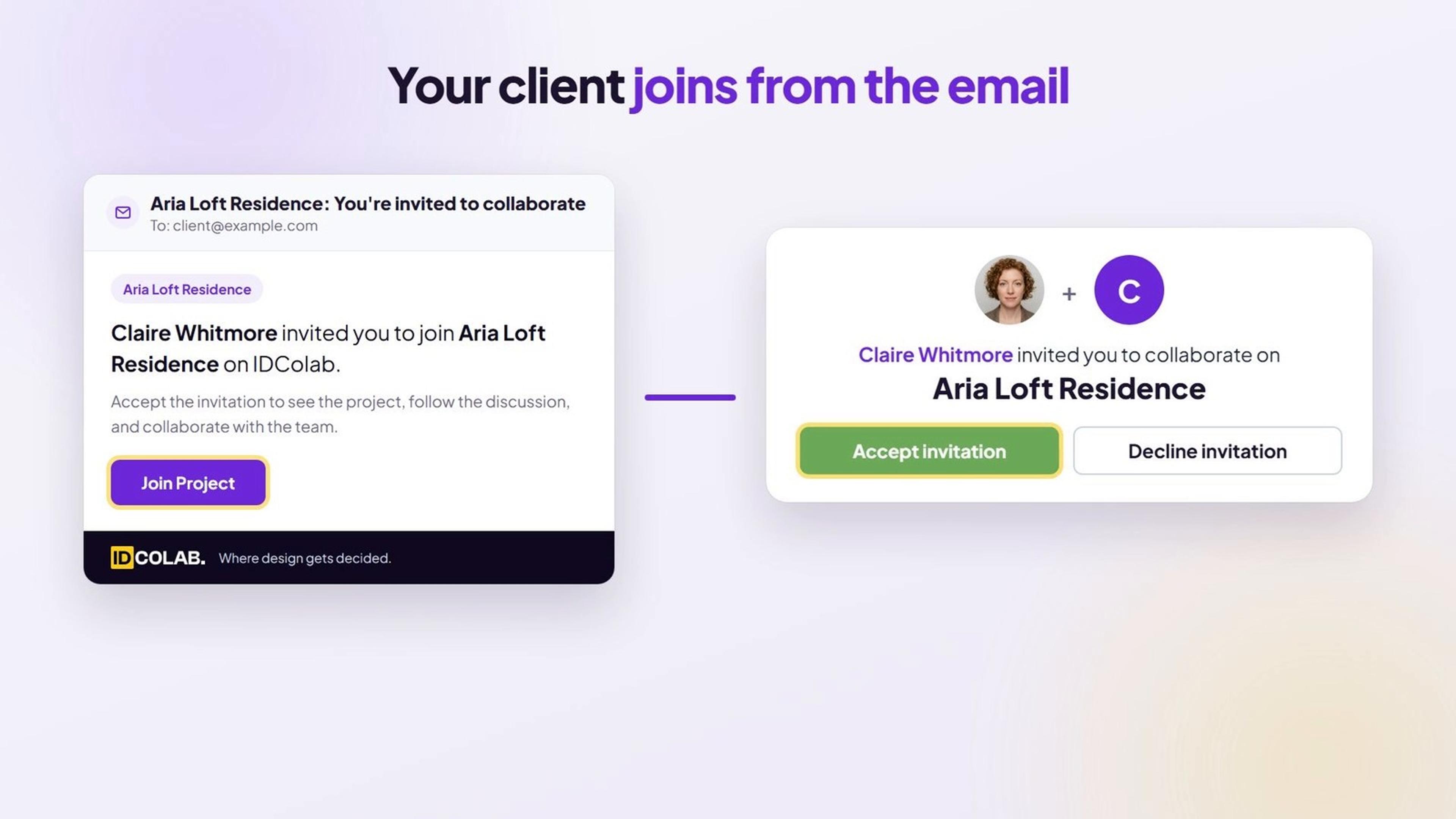 The invitation email with a Join Project button, next to the invitation page where the client, signed in with client@example.com, selects Accept invitation