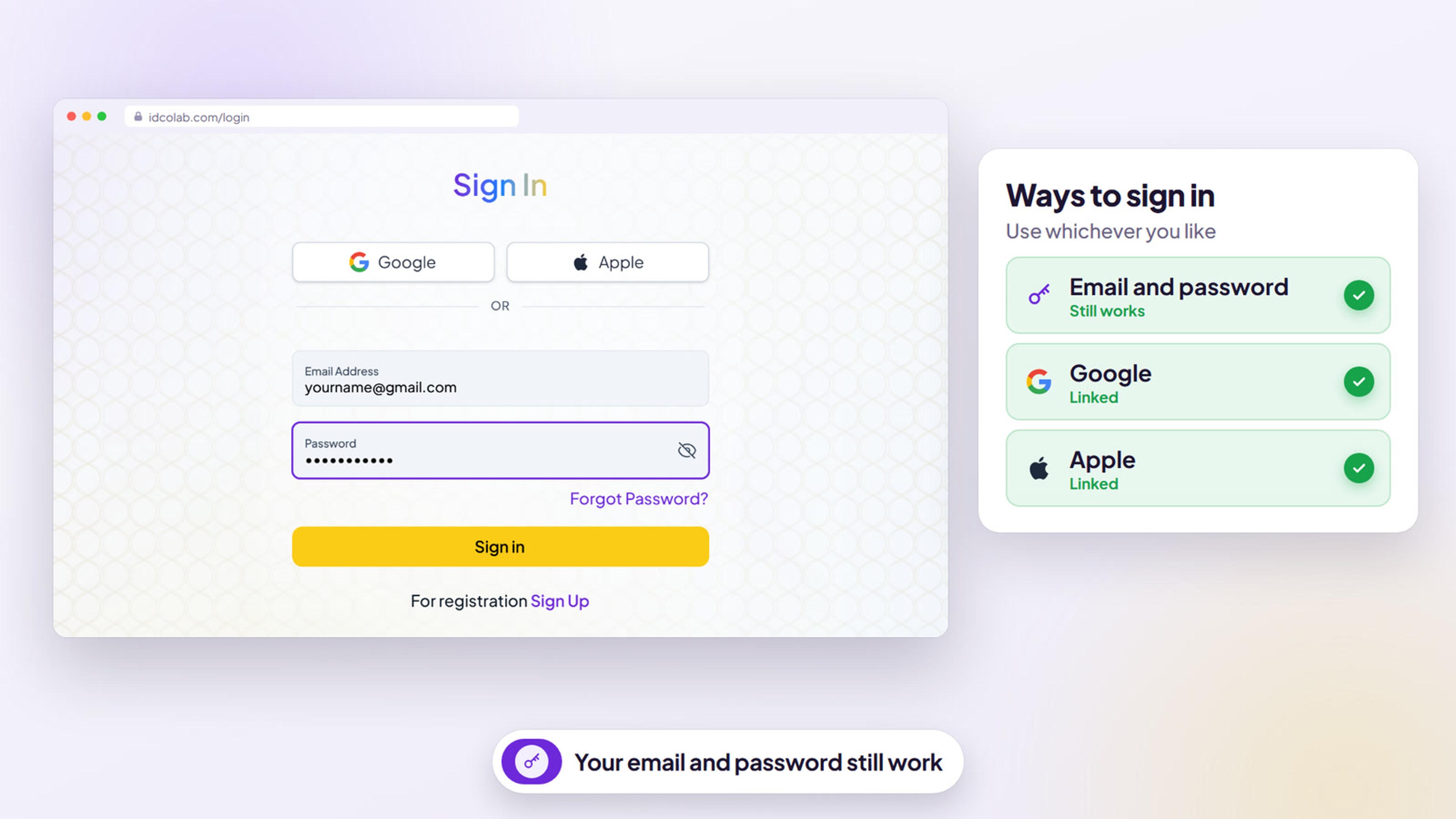 The IDColab sign in form with an email address and password, next to a list of ways to sign in: email and password, Google and Apple
