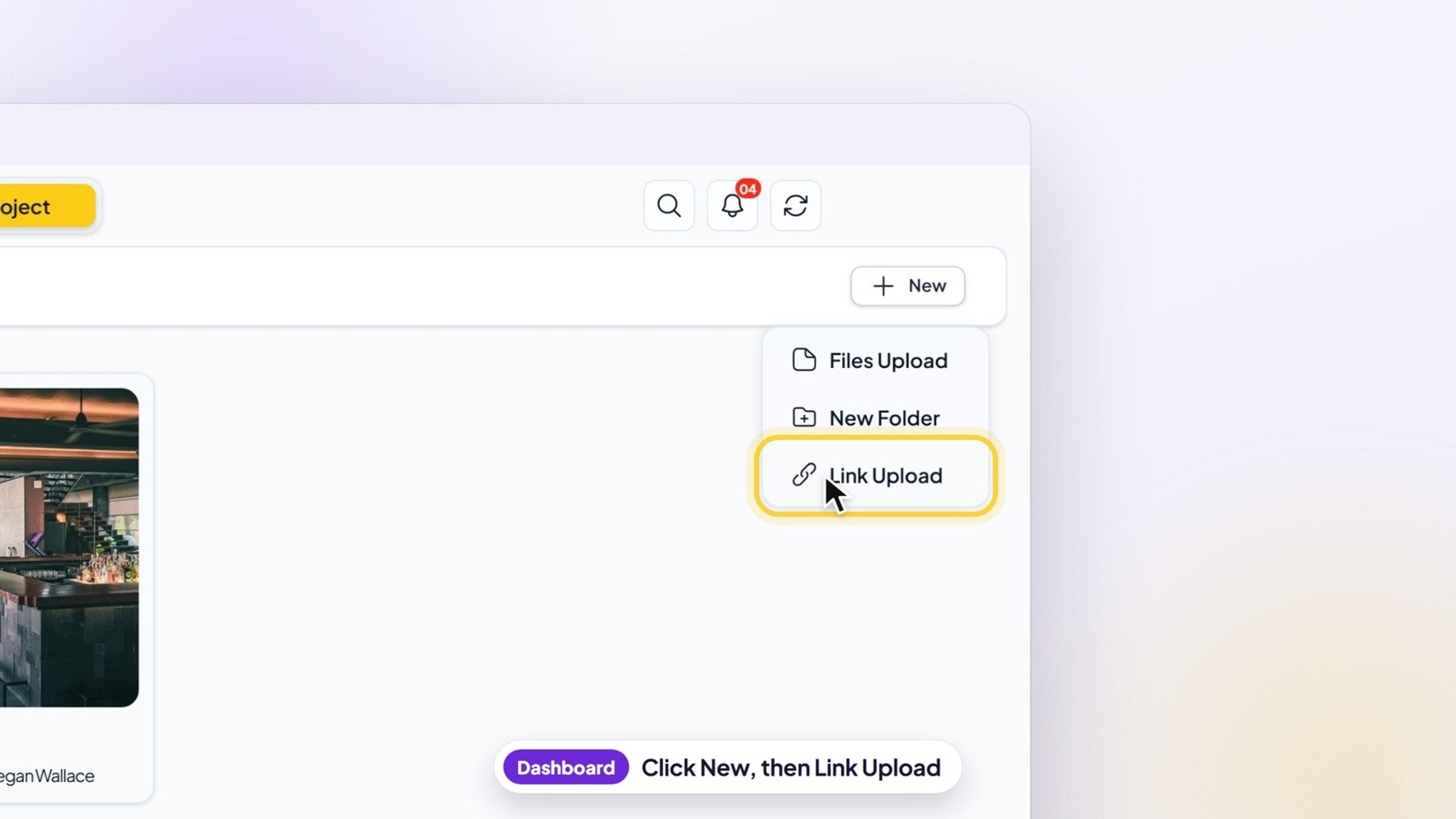 An IDColab project's Specifications section with the New menu open and Link Upload highlighted
