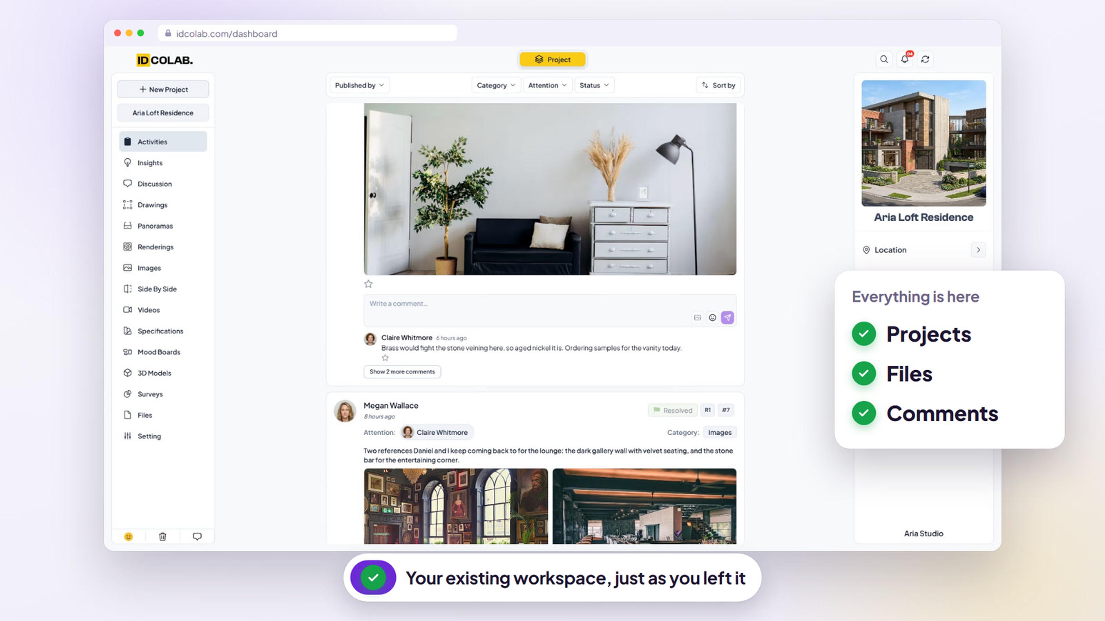 An IDColab project workspace with the activity feed, files and comments