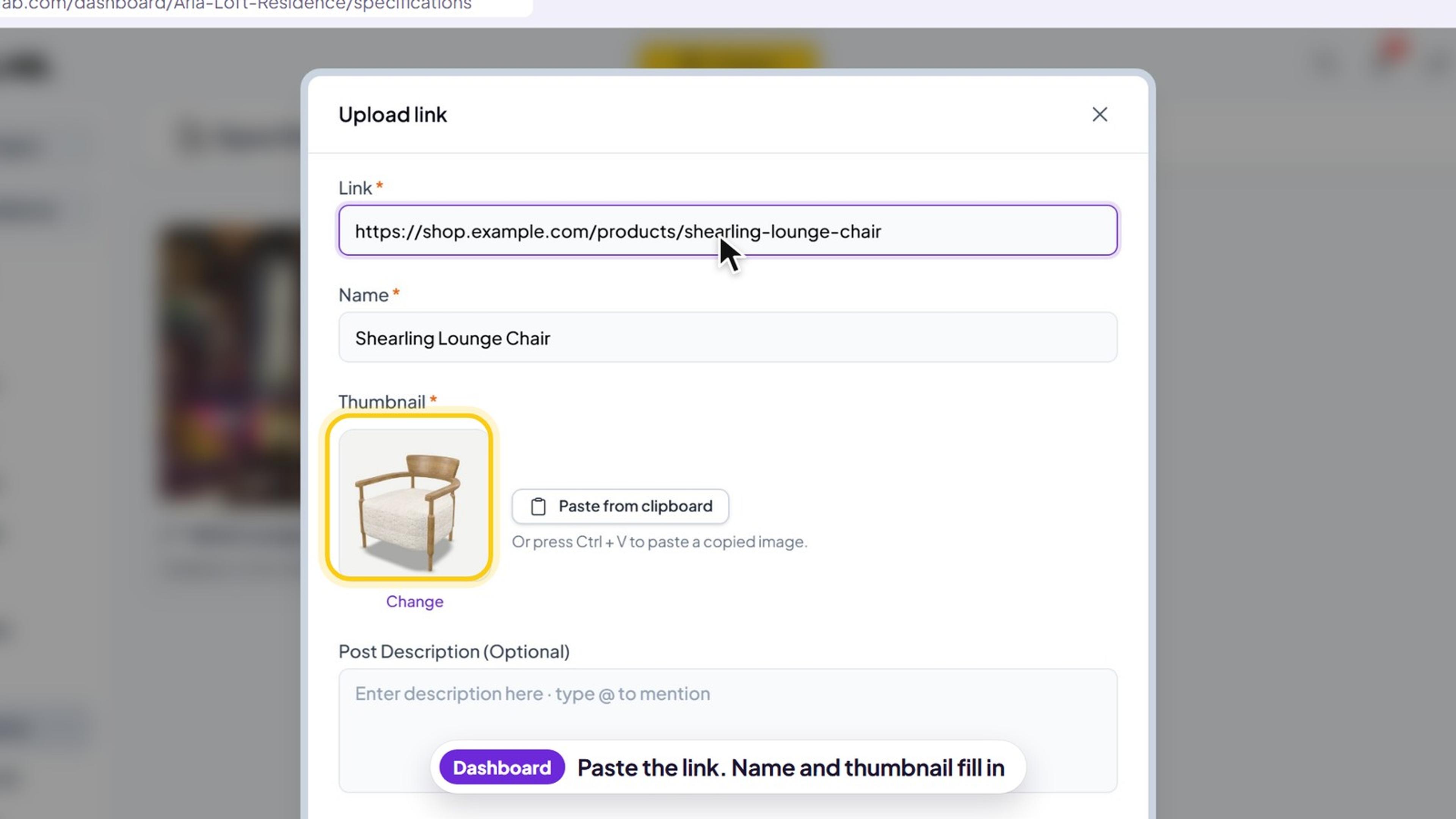The Upload link window with a pasted product link, the Name filled in and the product photo as the thumbnail