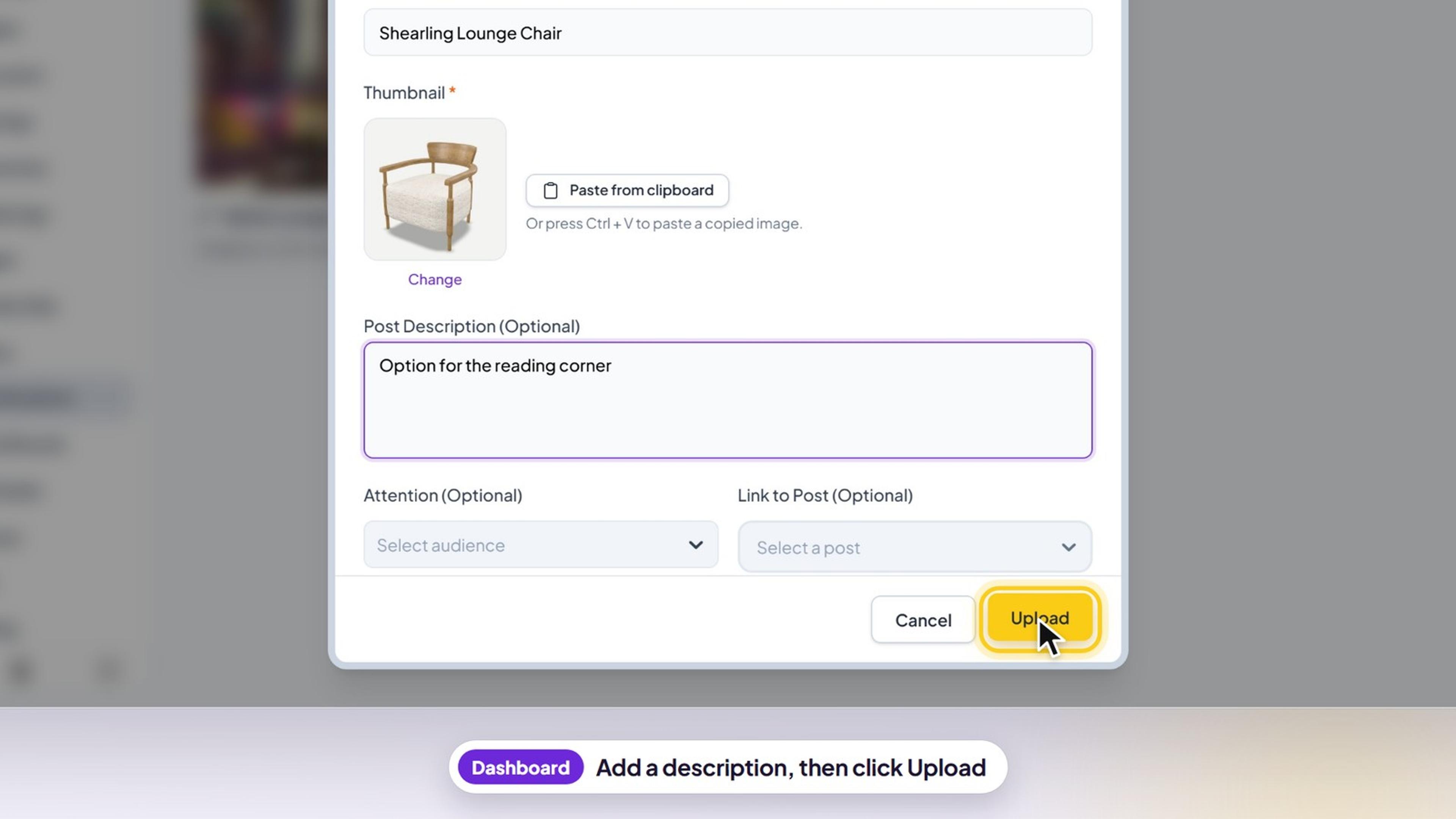 The Upload link window with a post description typed and the Upload button highlighted