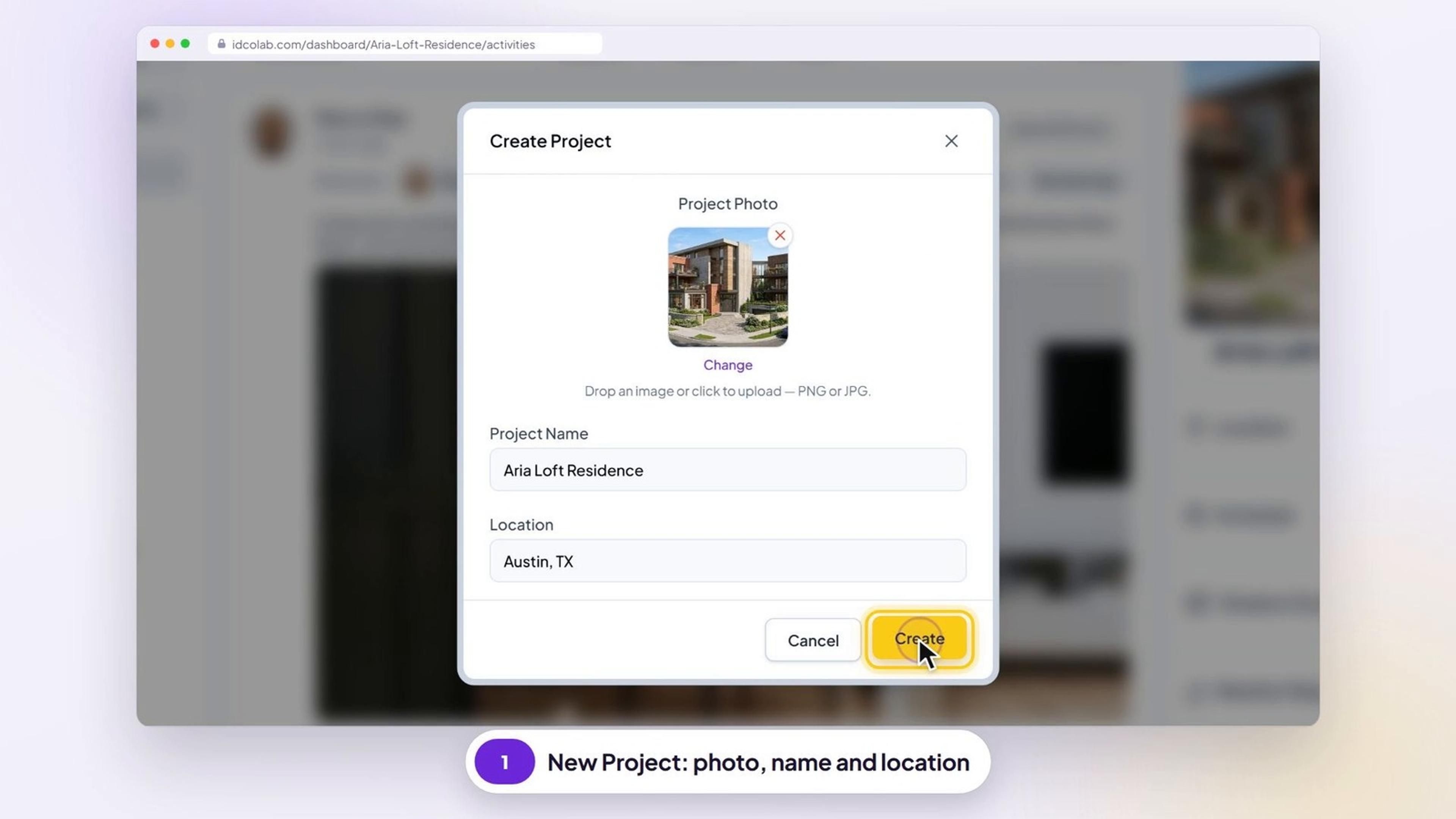 The IDColab Create Project window with a project photo, the name Aria Loft Residence and the location Austin, TX, with the Create button highlighted