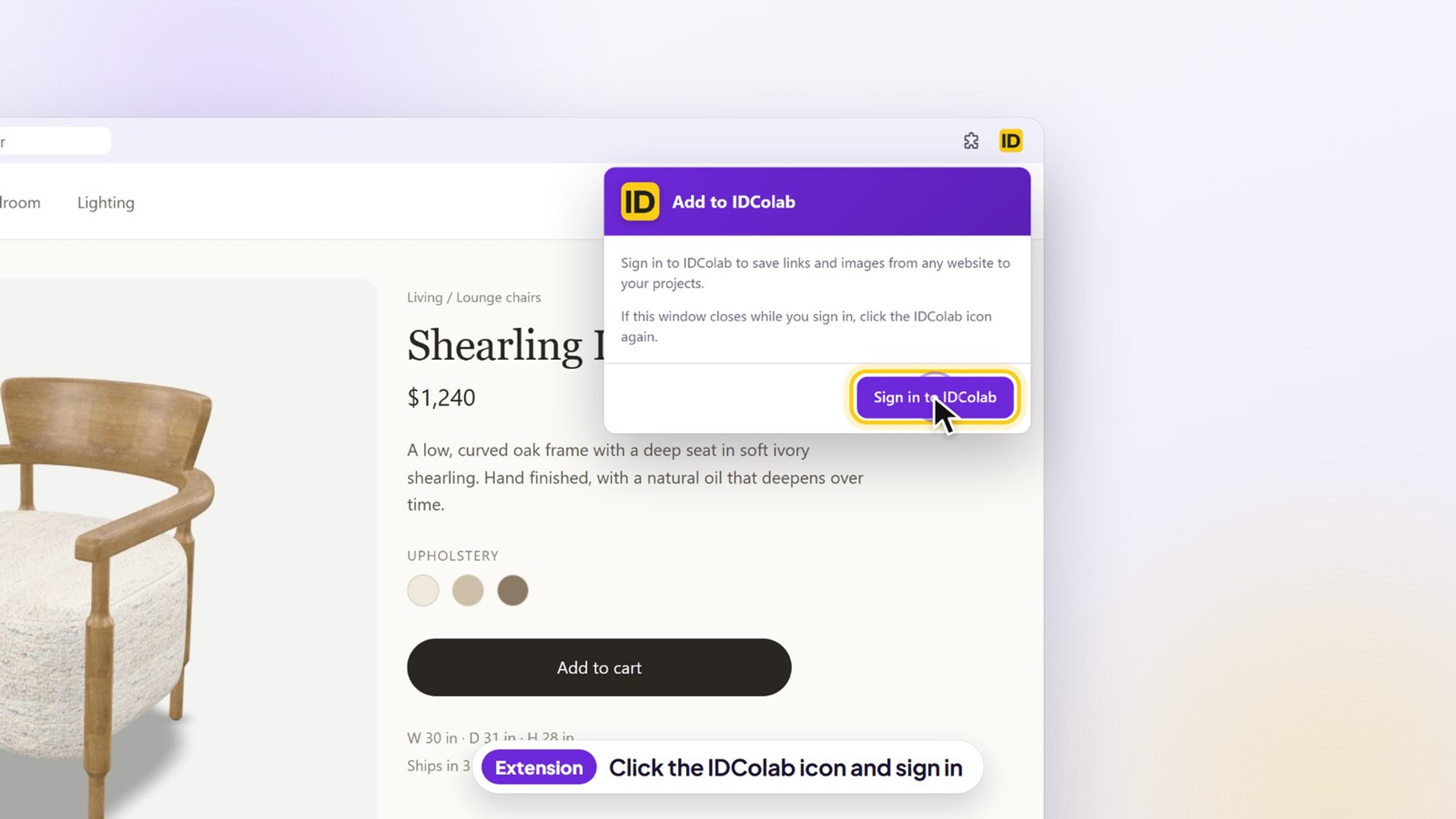 The Add to IDColab popup under its toolbar icon with the Sign in to IDColab button highlighted