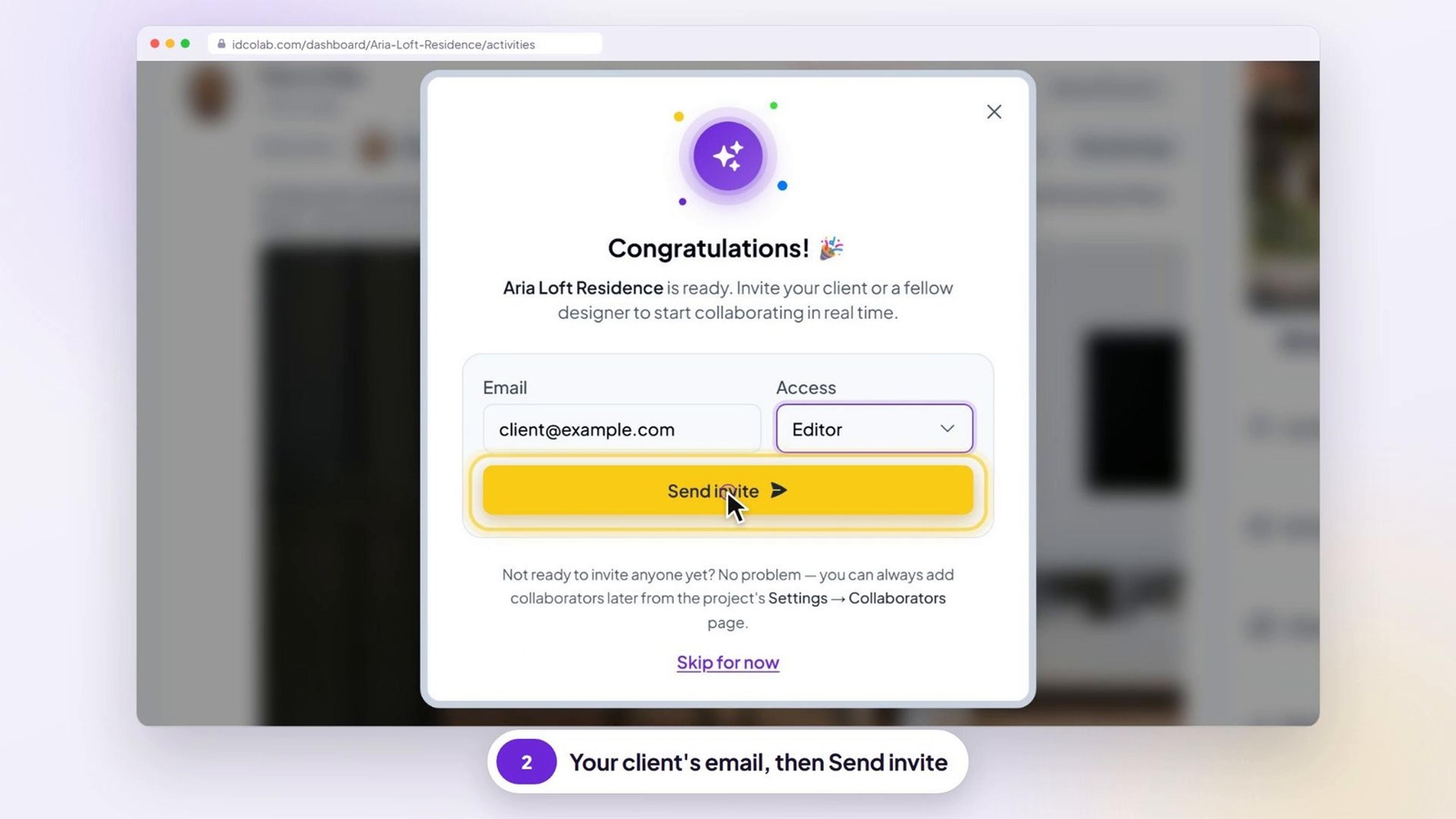 The Congratulations window after creating a project, with client@example.com in the Email field, Editor access and the Send invite button highlighted