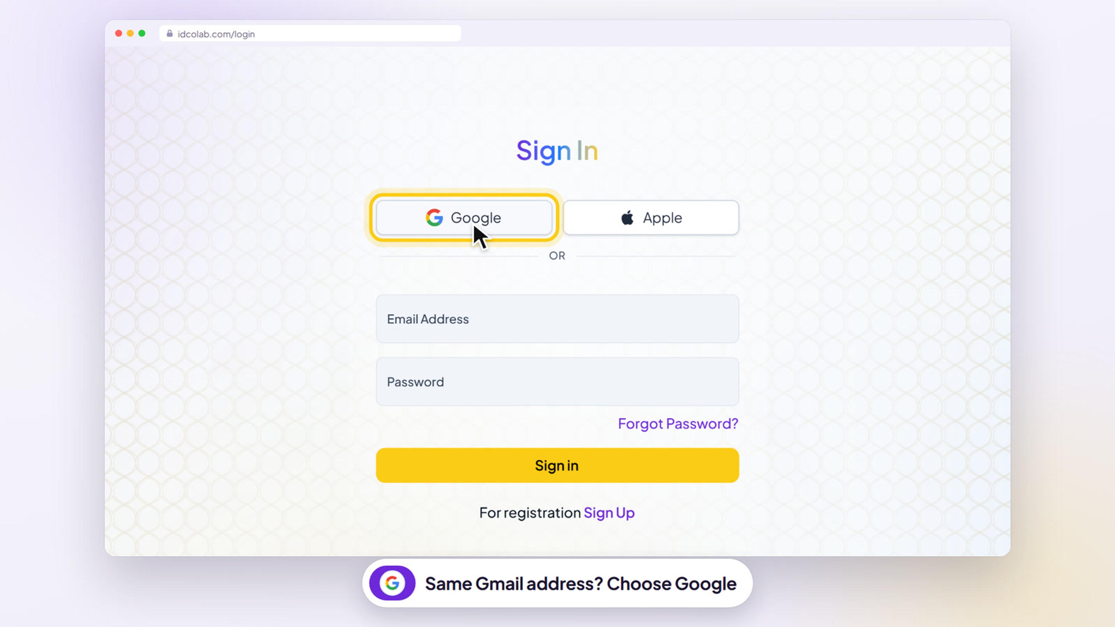 The IDColab sign in page with the Google button highlighted above the email field