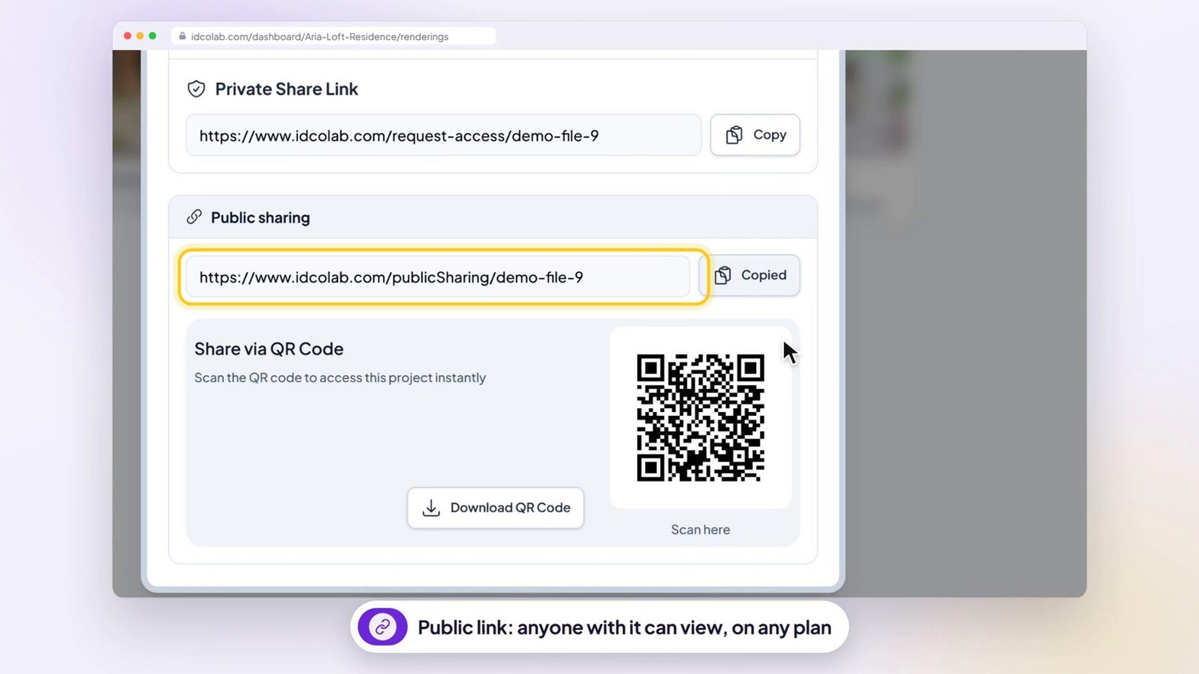 The Share window for a rendering, with the Public sharing link highlighted and copied, and a QR code below