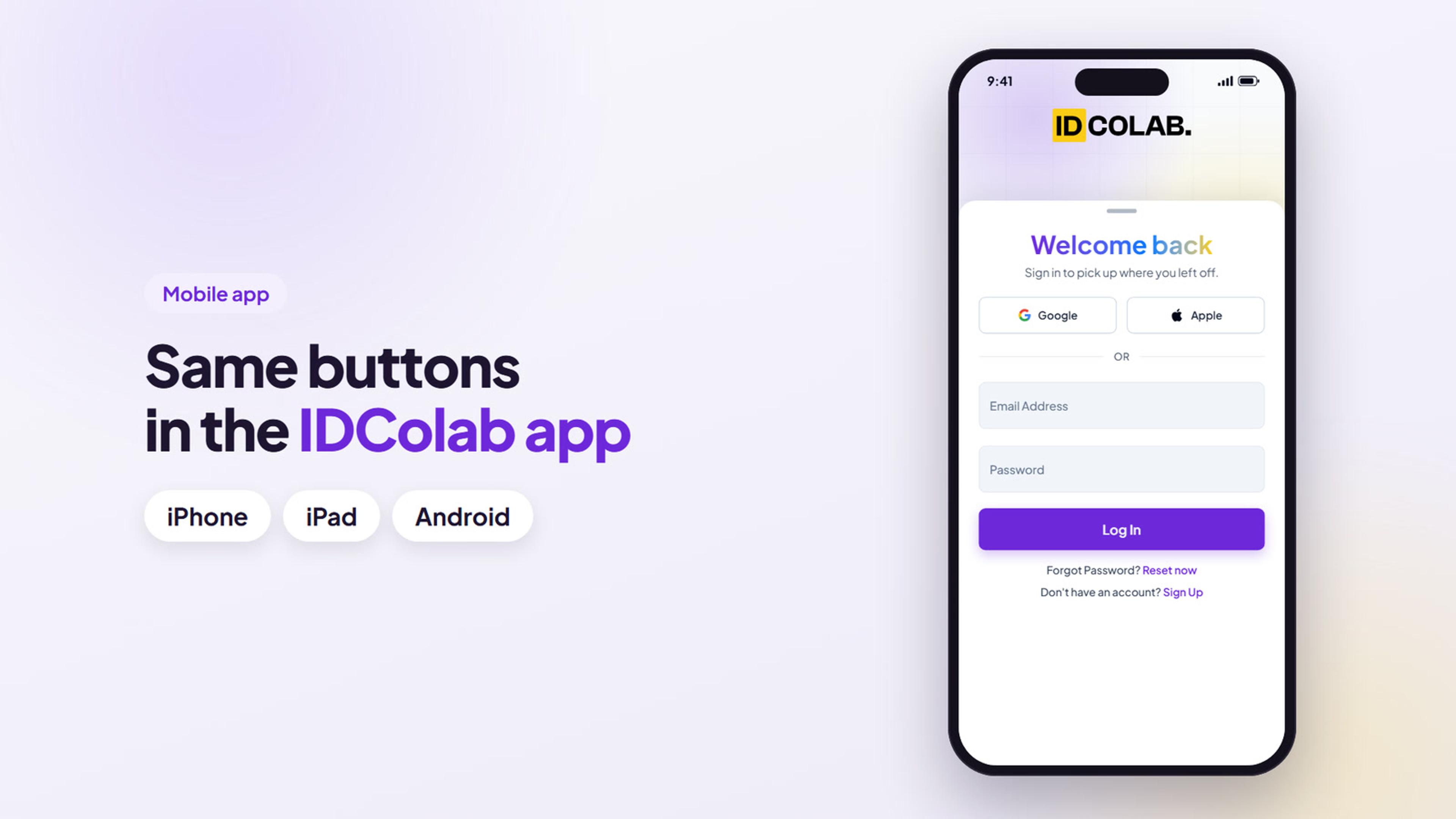 The IDColab app sign in screen with the Google and Apple buttons above the email field