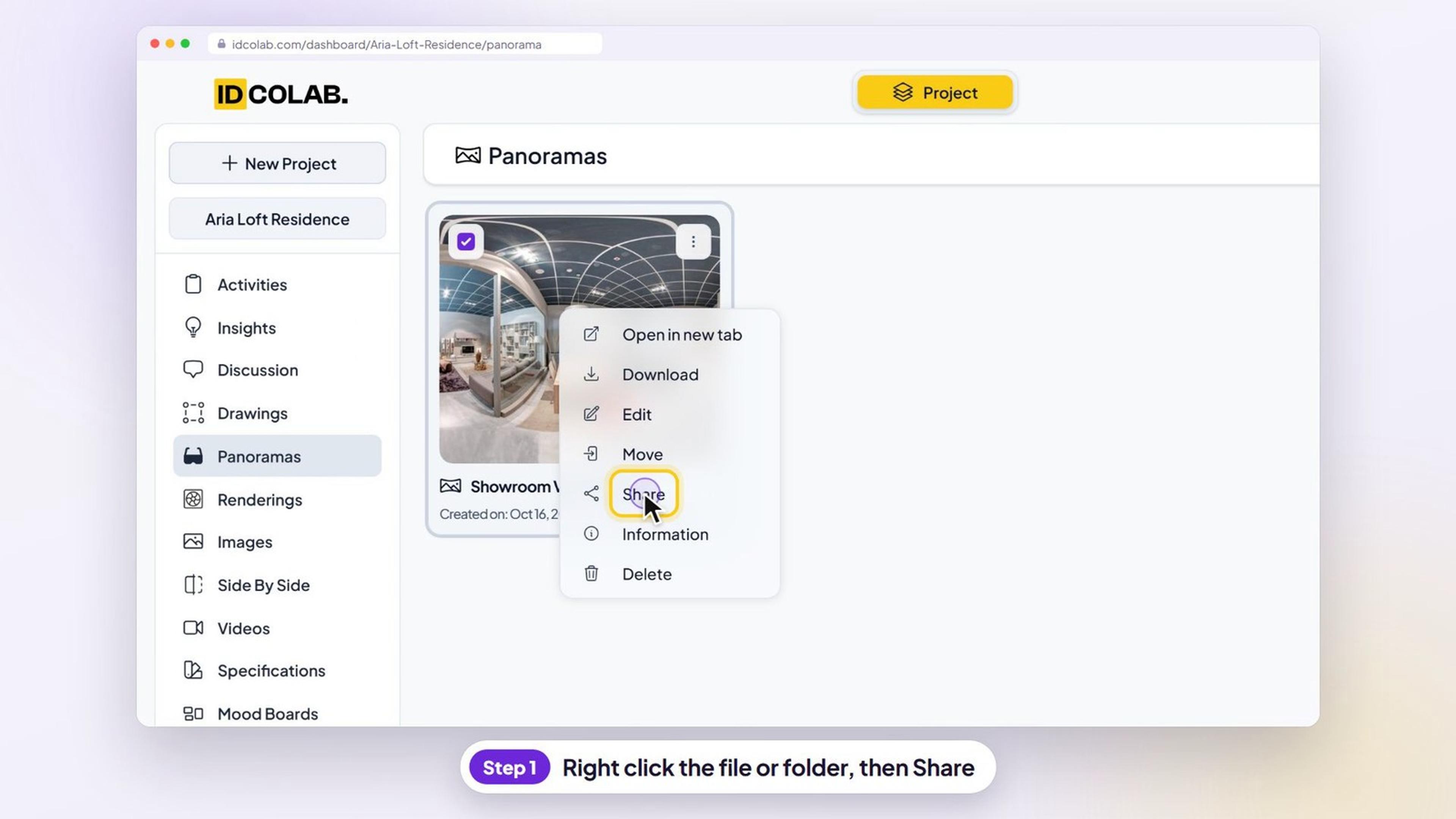 A file's right click menu in IDColab with Share highlighted