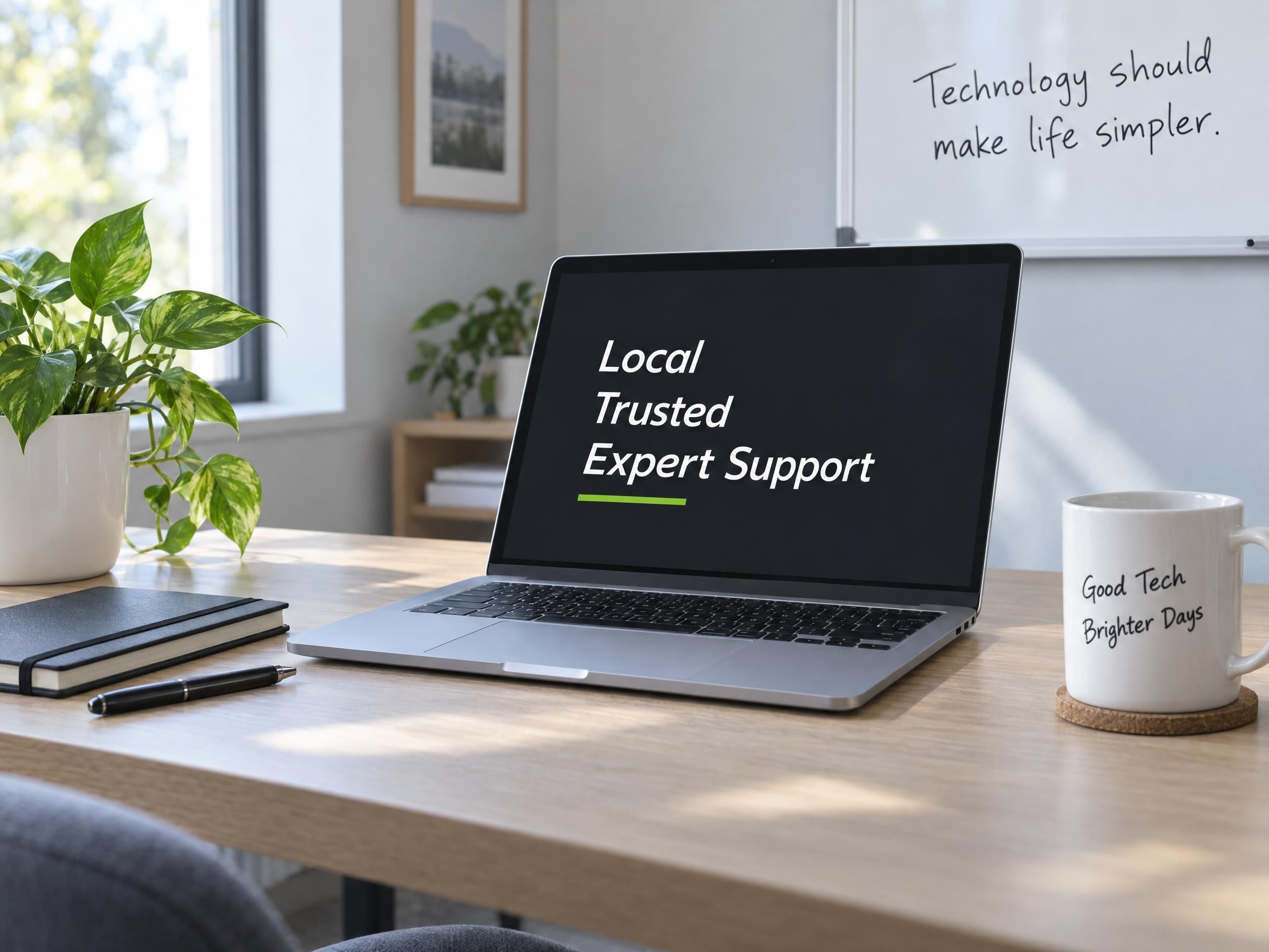 An open laptop on a tidy oak desk reading Local, Trusted, Expert Support, with a whiteboard behind it saying Technology should make life simpler and a mug printed Good Tech Brighter Days