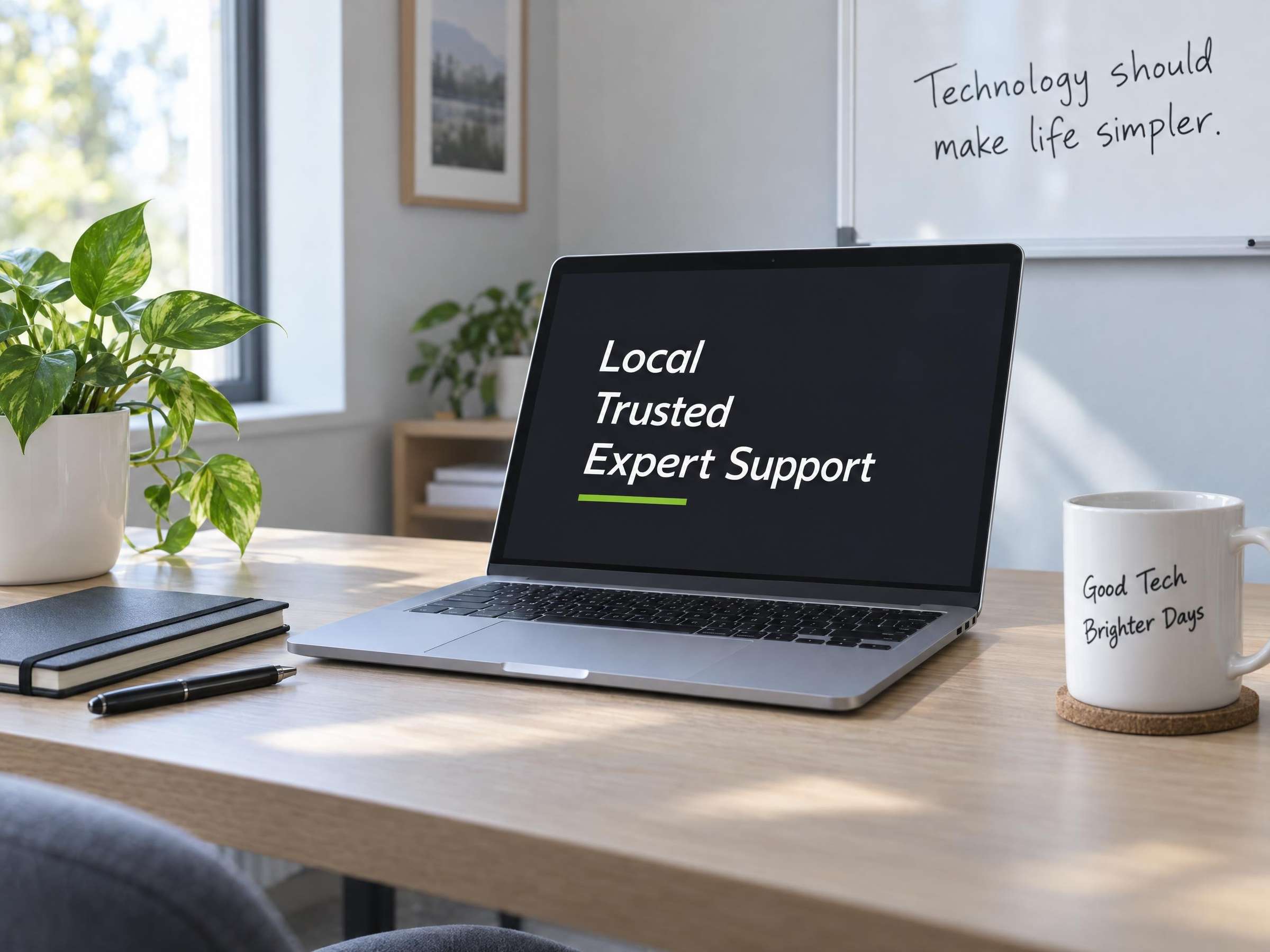 An open laptop on a tidy oak desk reading Local, Trusted, Expert Support, with a whiteboard behind it saying Technology should make life simpler and a mug printed Good Tech Brighter Days