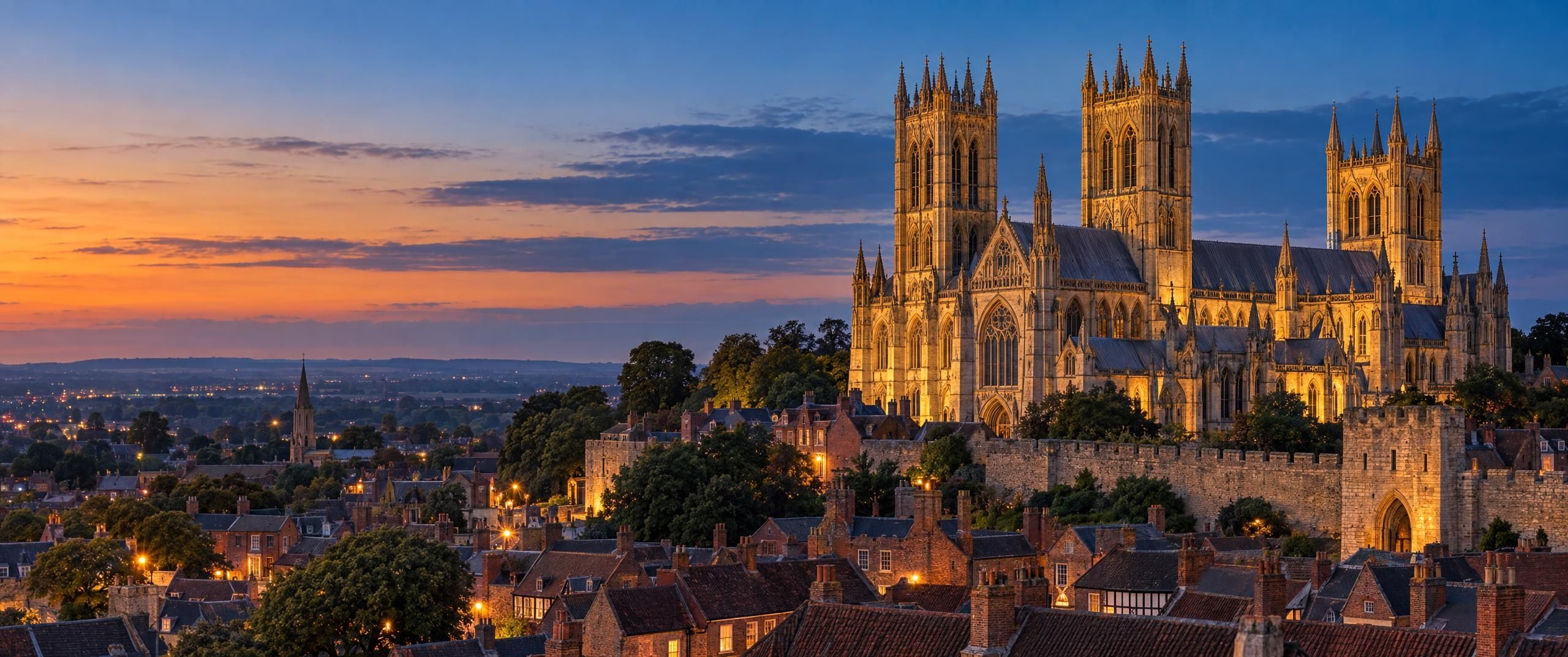 Lincoln Cathedral and the historic city skyline at dusk