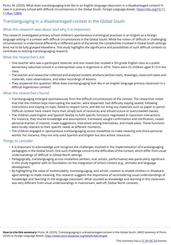 Translanguaging in a disadvantaged context in the Global South (Melina Porto, Argentina)