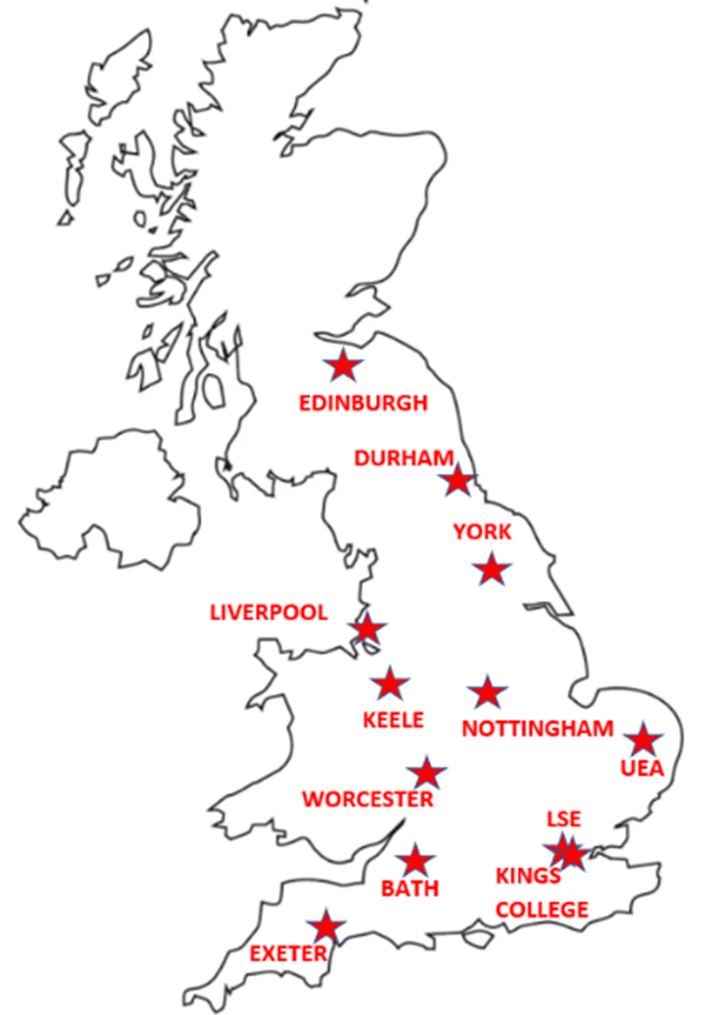 Map of the UK with participating universities