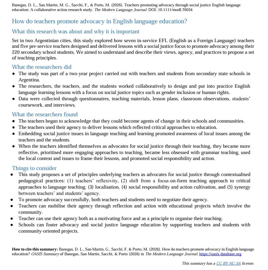 How do teachers promote advocacy in English language education? (Banegas et al., Argentina)