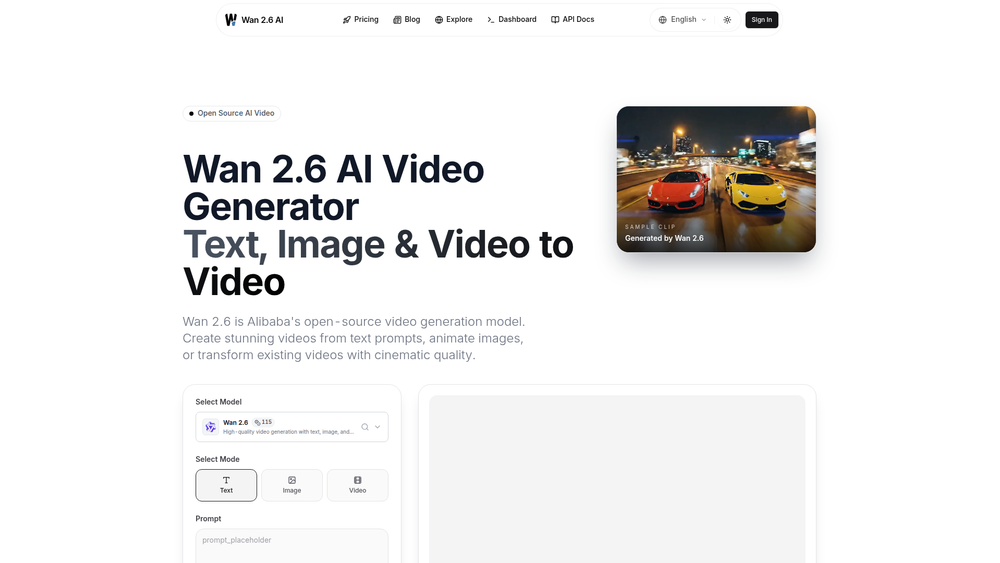 Screenshot of Wan 2.6 AI Video Generator - Text to Video, Image to Video, Video to Video | Wan 2.6 AI Screenshot of Wan 2.6 AI Video Generator - Text to Video, Image to Video, Video to Video | Wan 2.6 AI