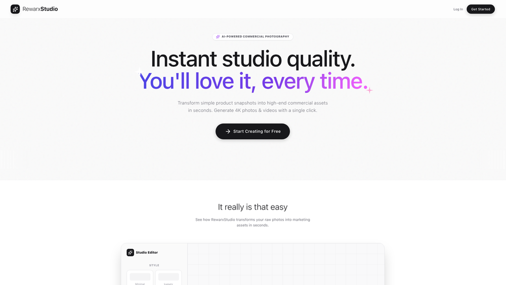 Screenshot of Rewarx Studio - AI Product Photography & Virtual Studio