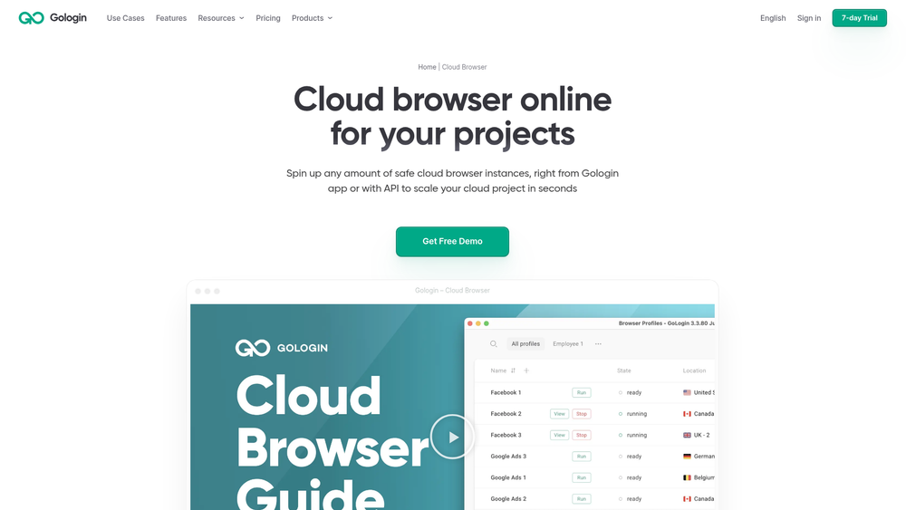 Screenshot of Gologin Cloud Browser