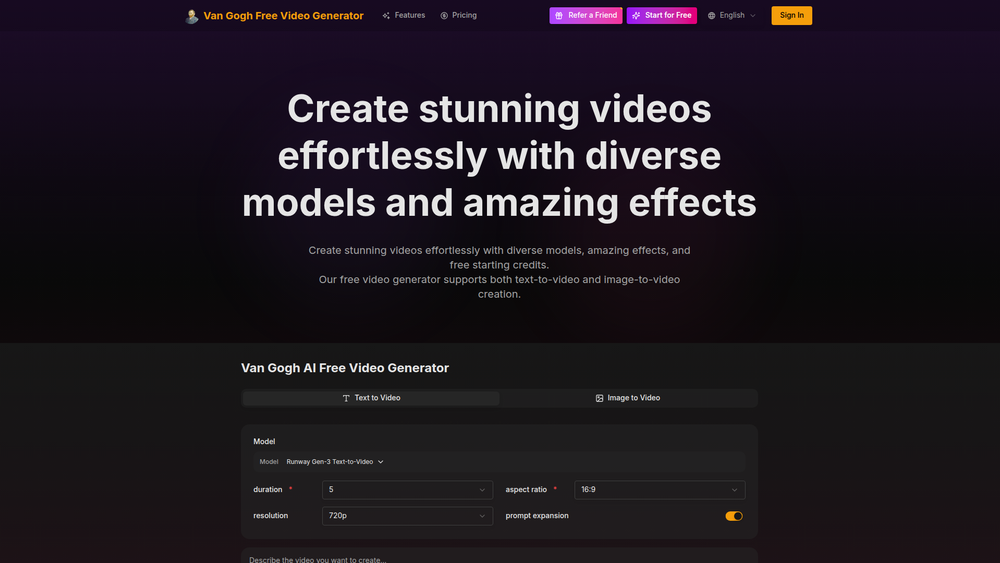 Screenshot of Van Gogh Free Video Generator