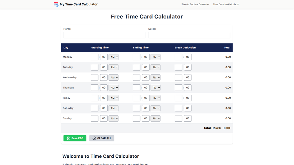 Screenshot of My Time Card Calculator