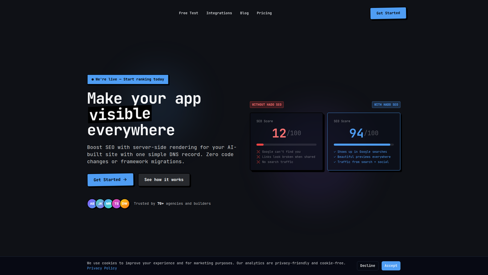 Screenshot of Hado SEO | Prerender.io Alternative