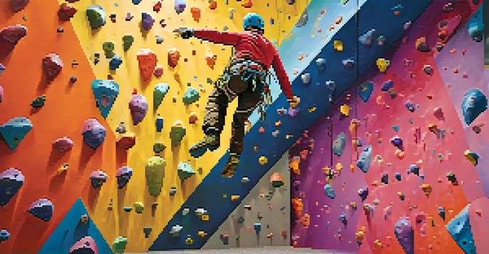 A climber scaling a colorful indoor climbing wall with spectators in the background.