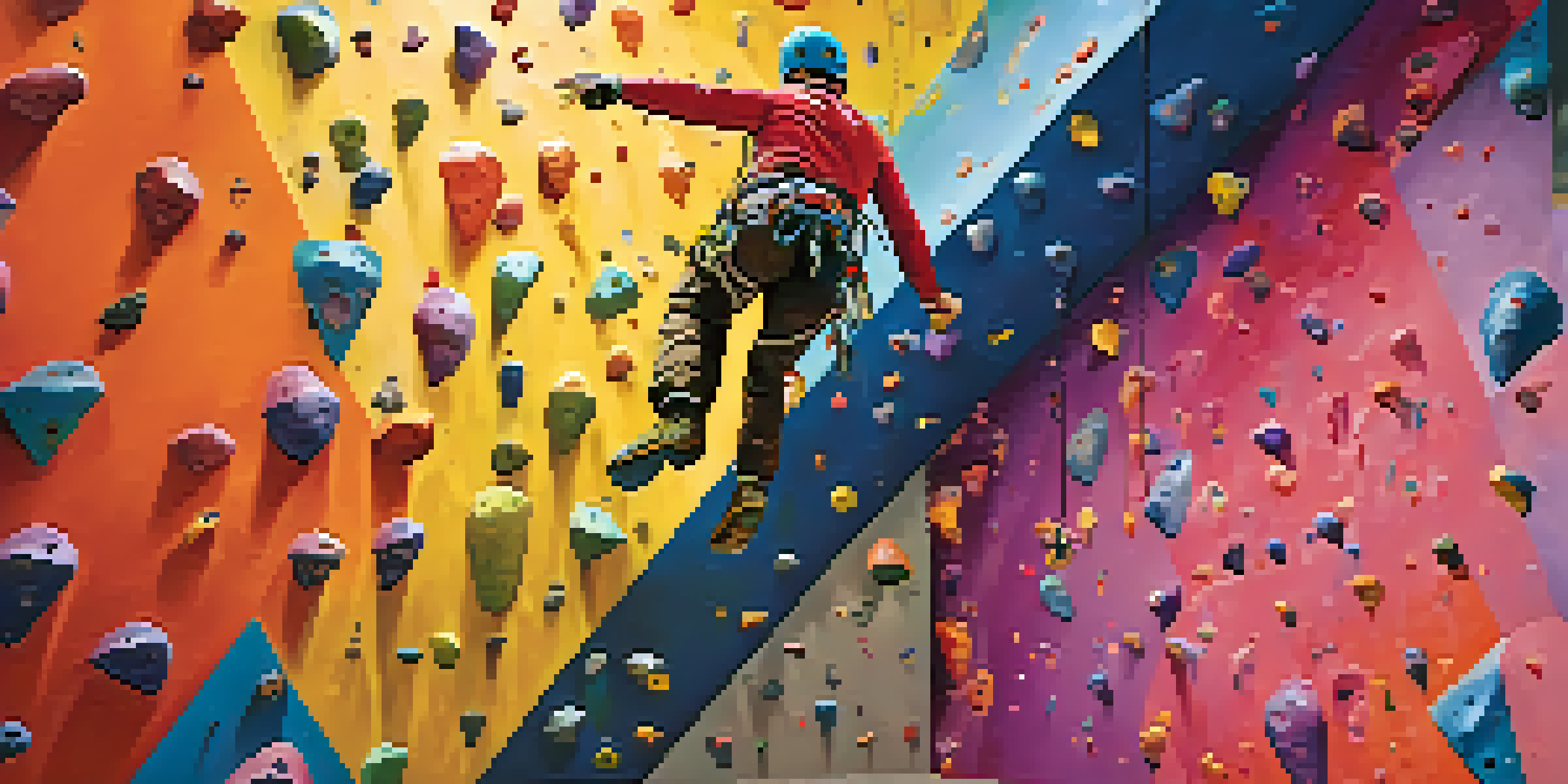 A climber scaling a colorful indoor climbing wall with spectators in the background.