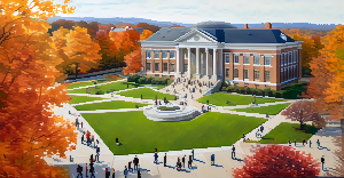Aerial view of a university campus with colorful autumn trees, students walking on green lawns, and a mix of historic and modern buildings.