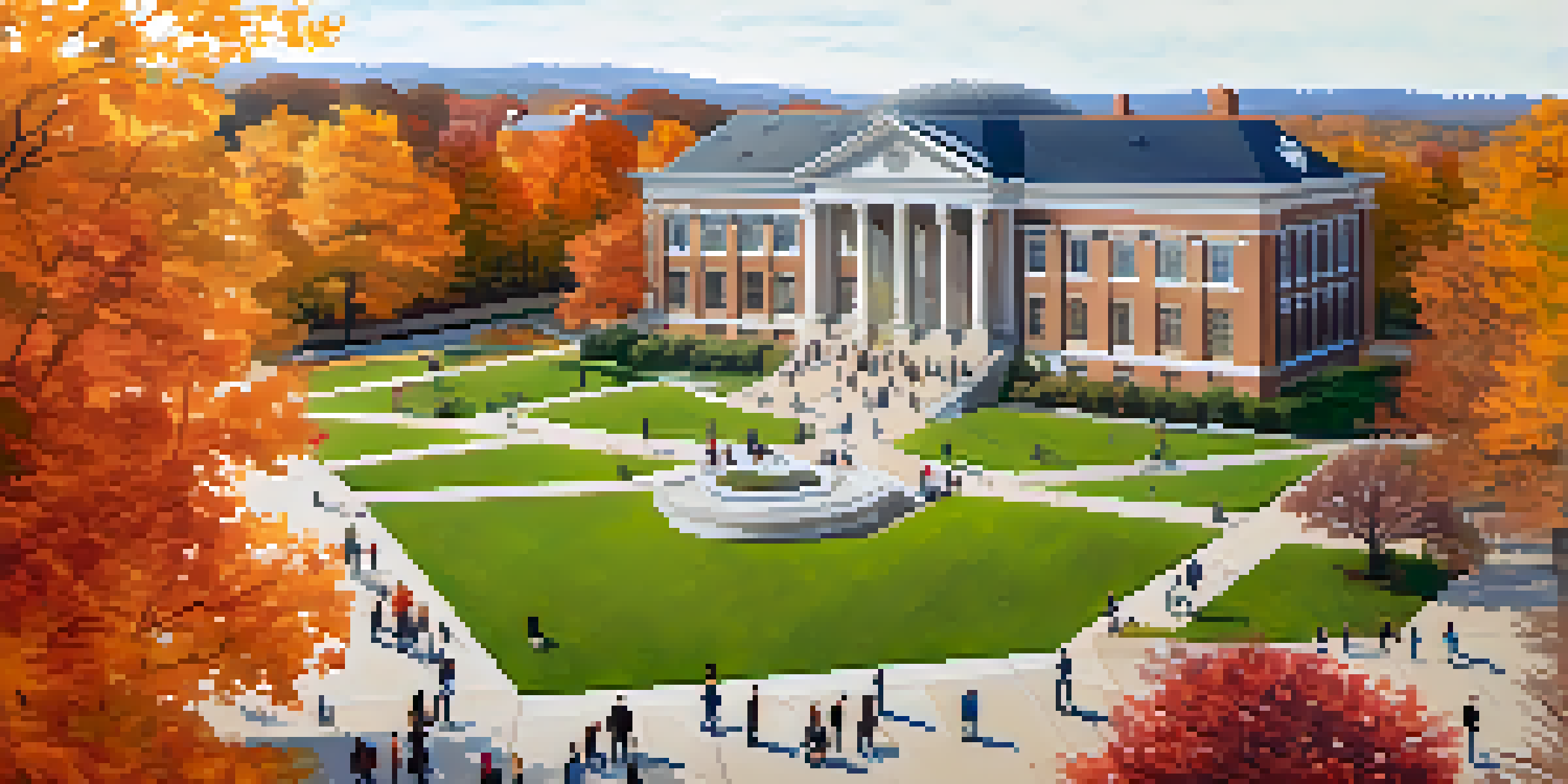 Aerial view of a university campus with colorful autumn trees, students walking on green lawns, and a mix of historic and modern buildings.
