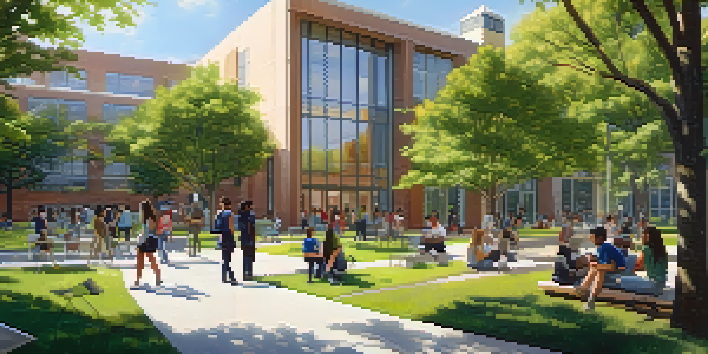 A diverse group of university students collaborating outdoors on a research project in a sunny campus environment.