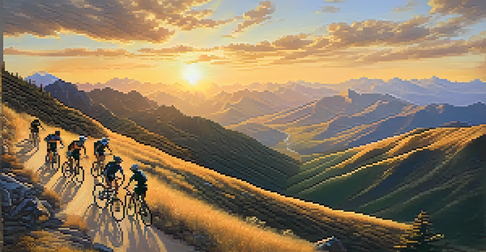 Aerial view of mountain bikers on a scenic ridge trail during sunset.