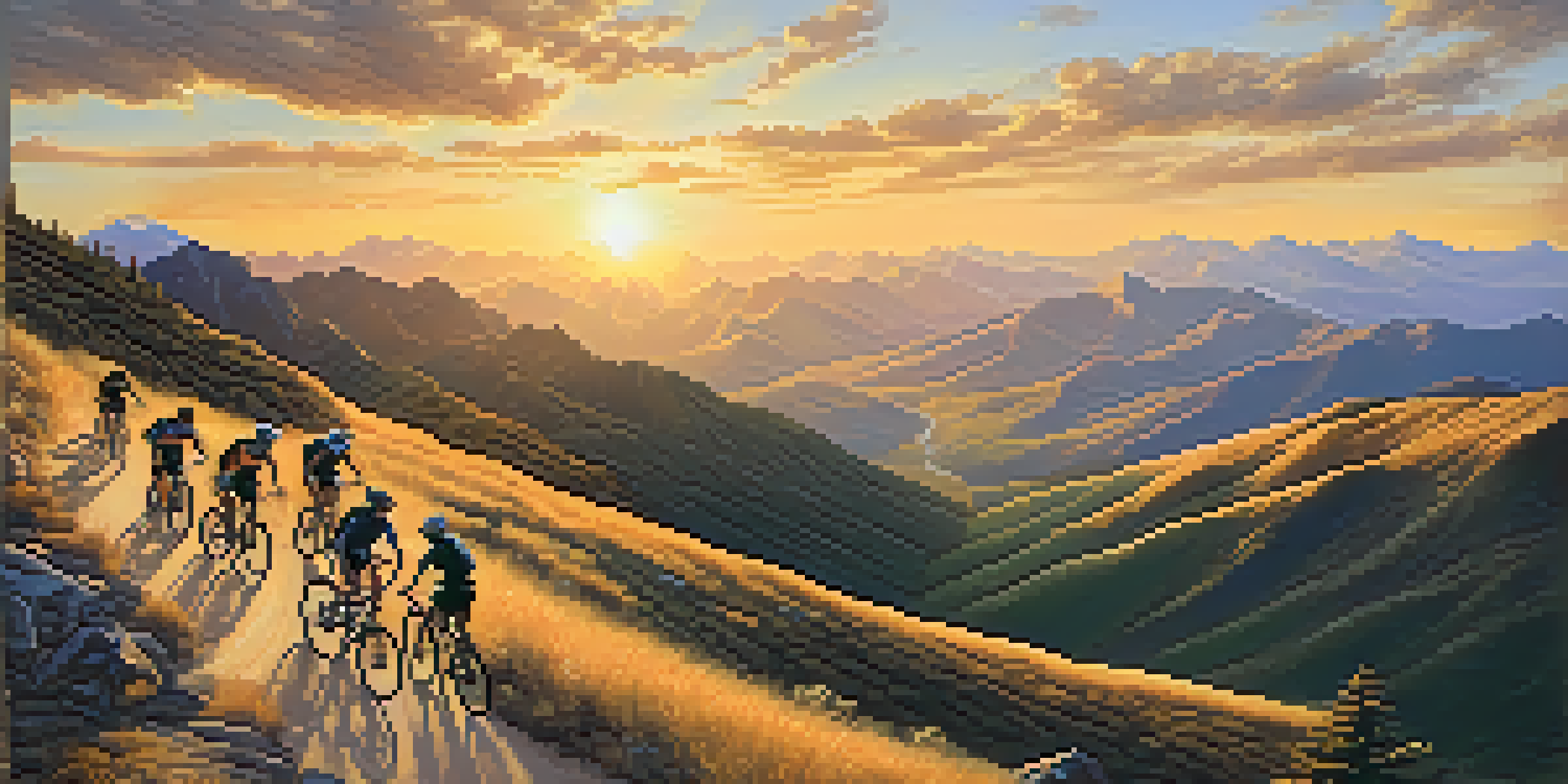 Aerial view of mountain bikers on a scenic ridge trail during sunset.
